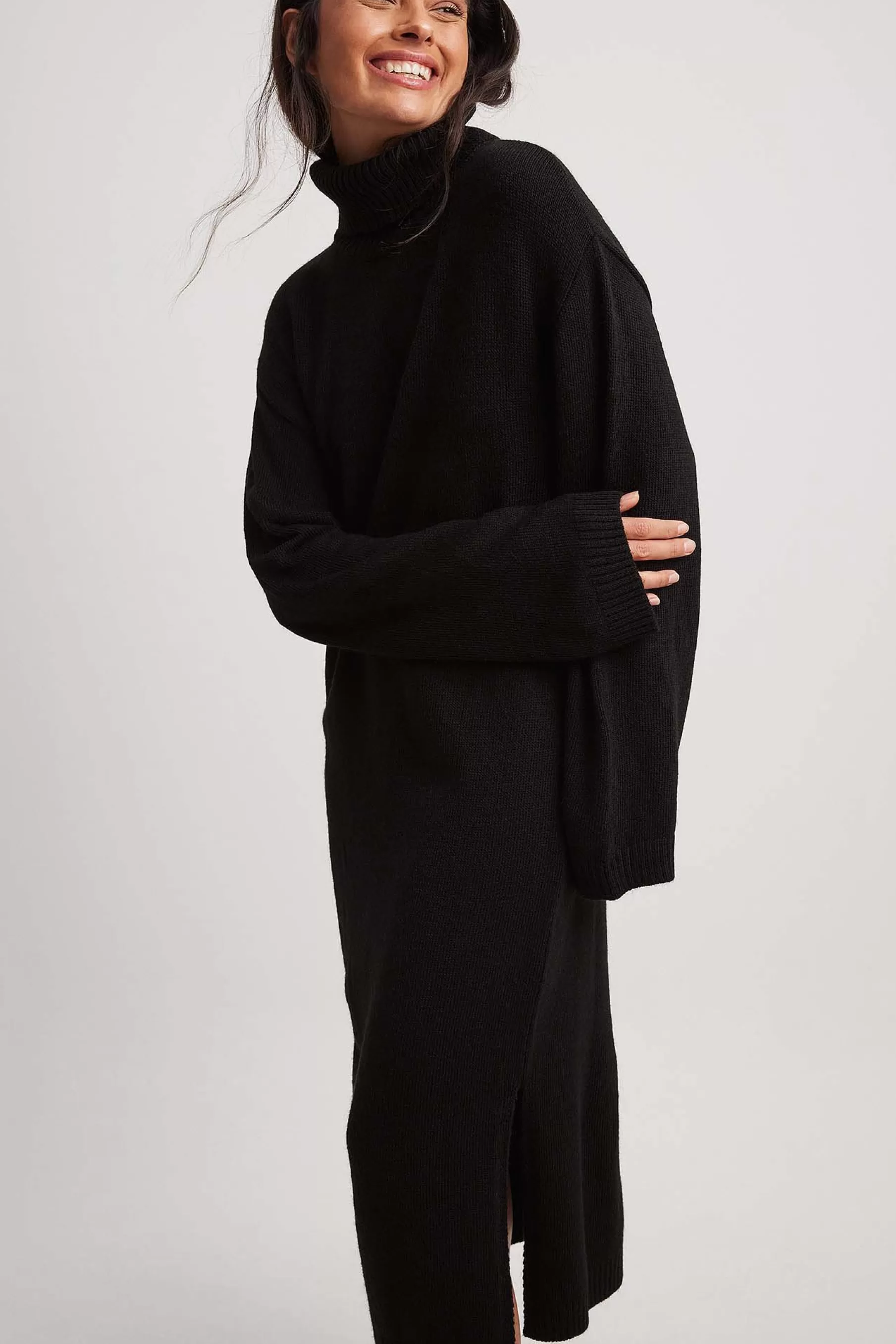 NA-KD Knitted Oversized Midi Dress Black