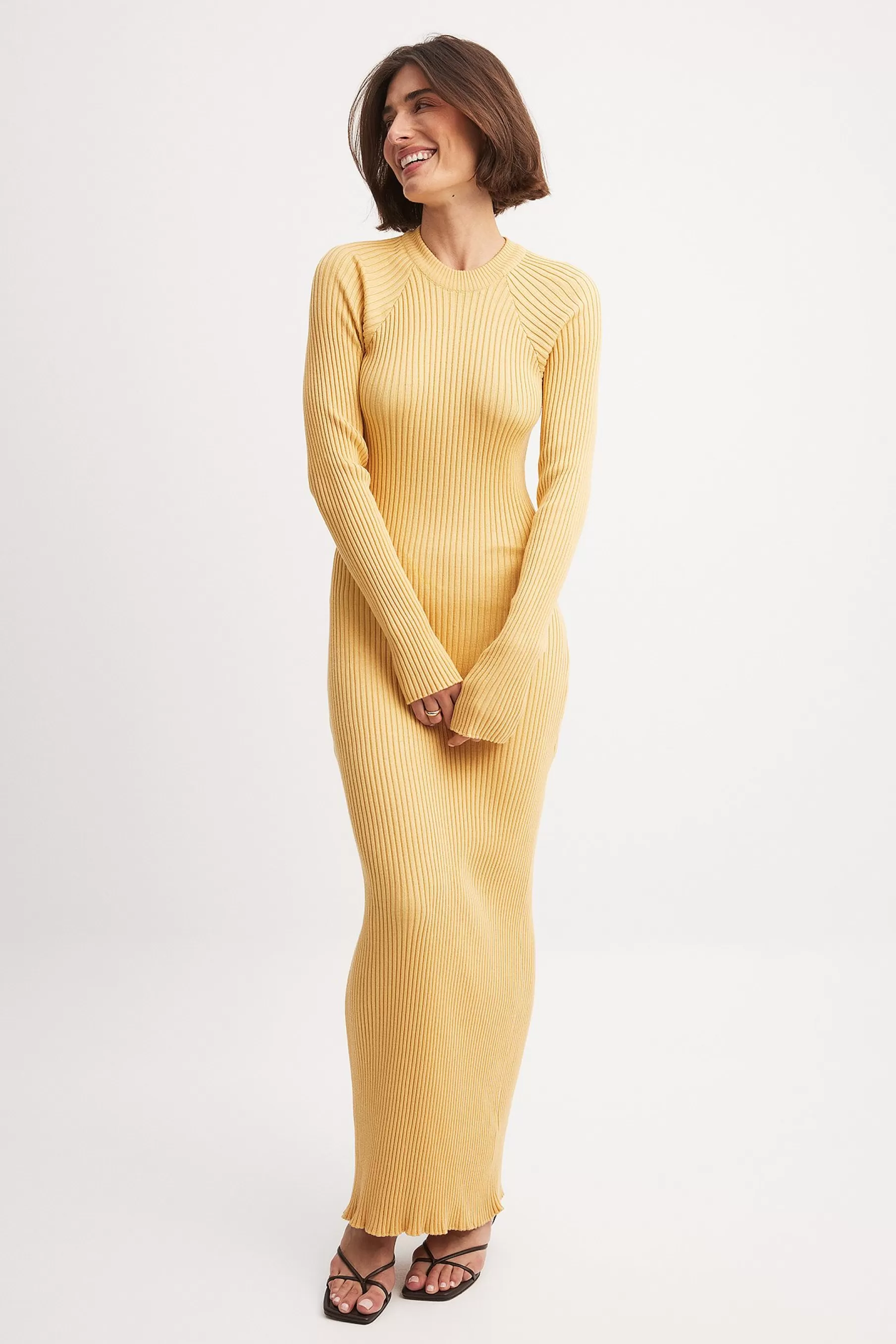 NA-KD Knitted Ribbed Maxi Dress Yellow