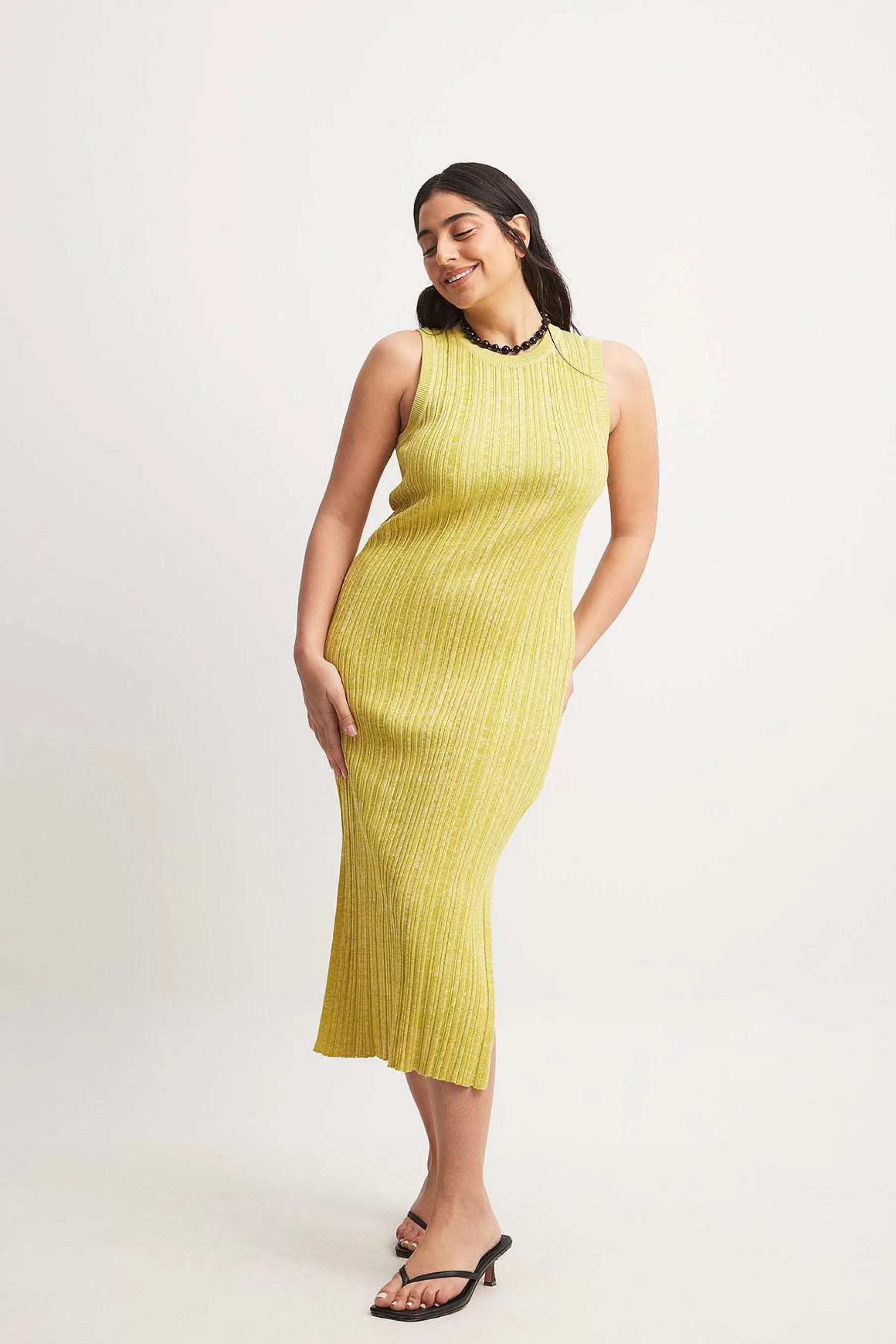 NA-KD Knitted Ribbed Sleeveless Midi Dress Green