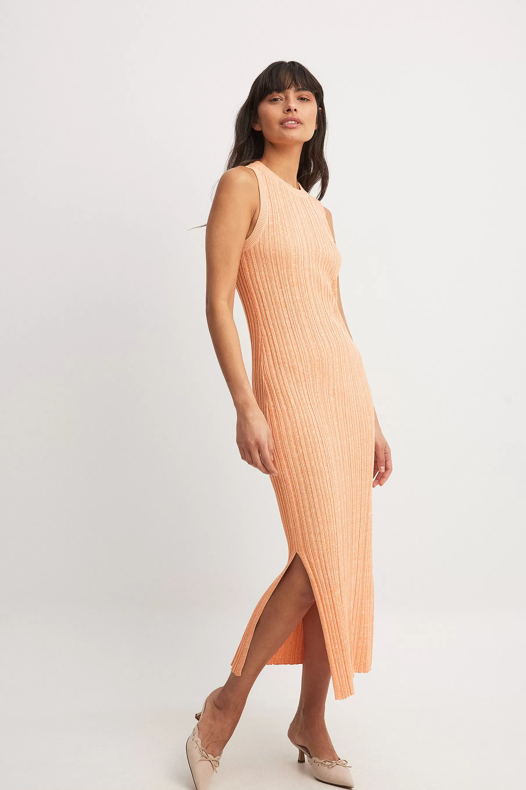 NA-KD Knitted Ribbed Sleeveless Midi Dress Orange