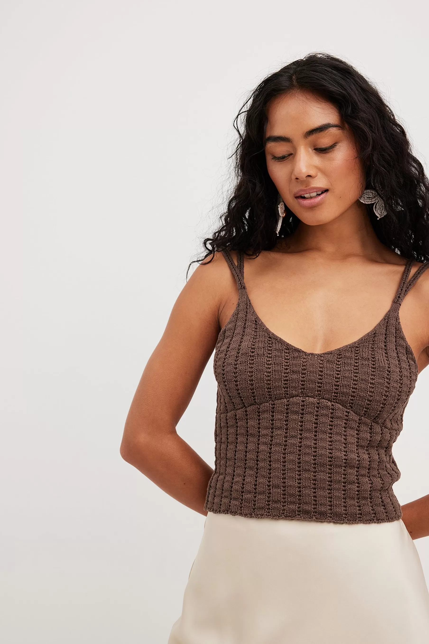 NA-KD Knitted Ribbed Top Brown