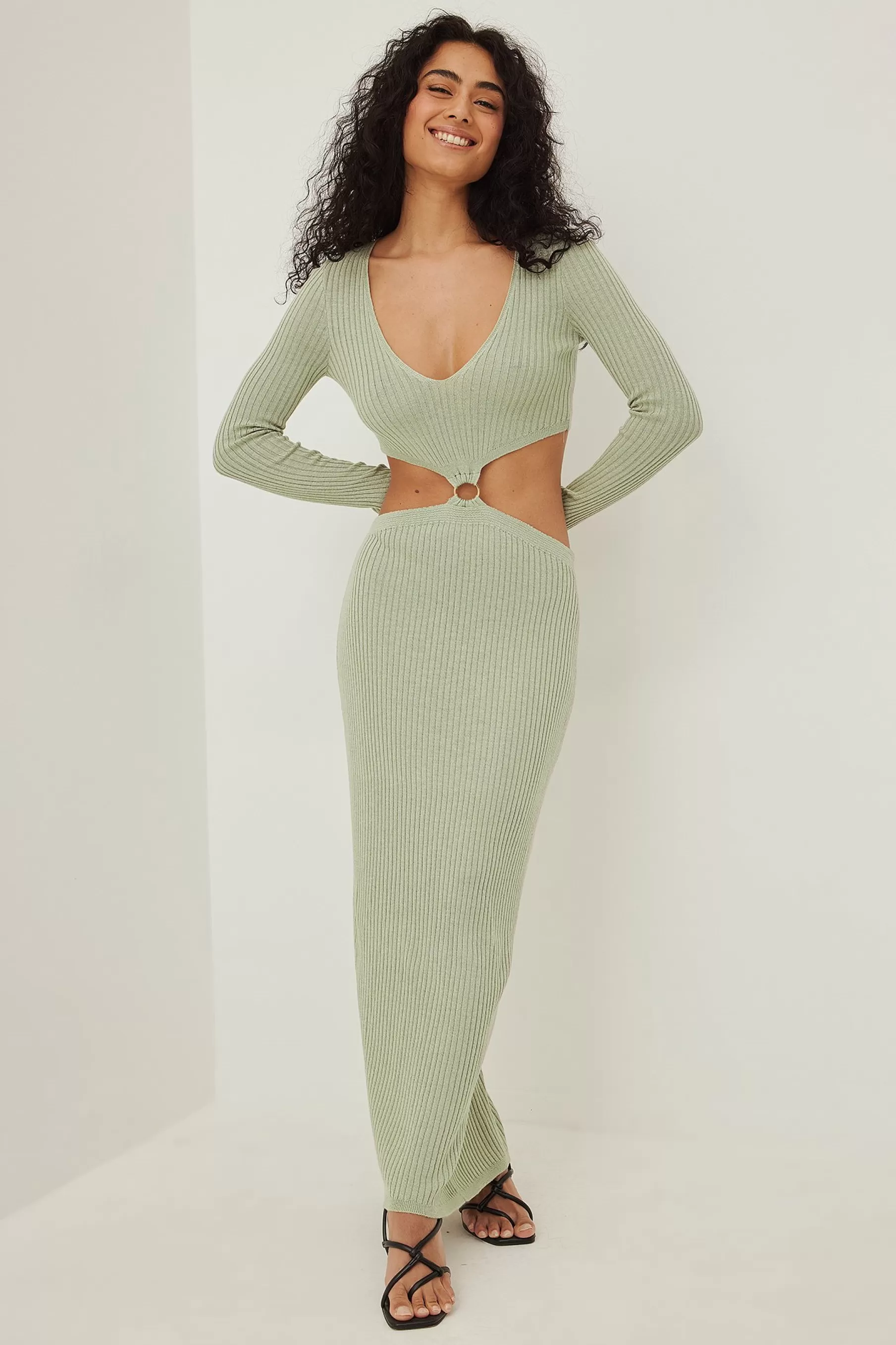 NA-KD Knitted Ring Detail Maxi Dress Green