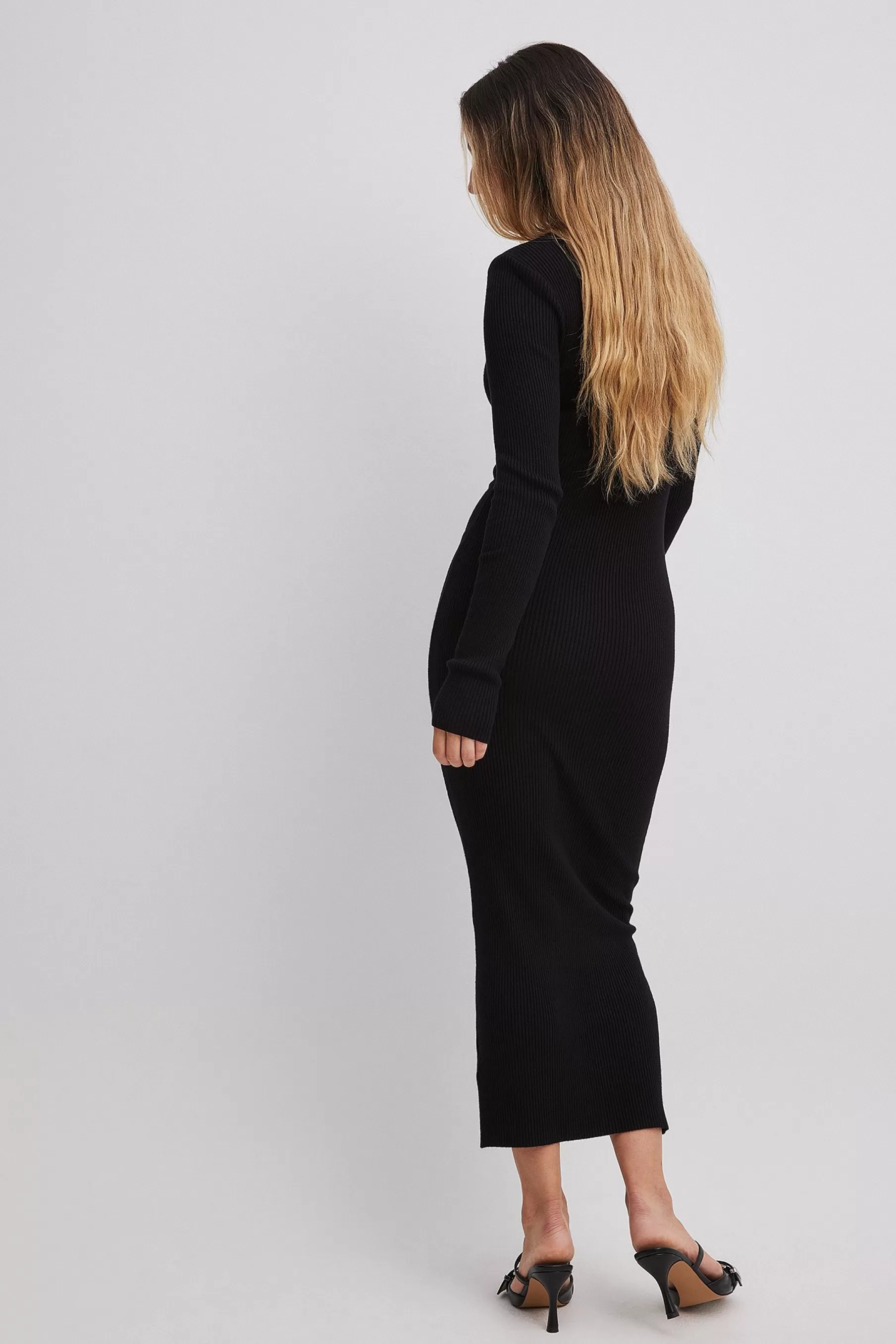 NA-KD Knitted Shoulder Pads Maxi Dress Black