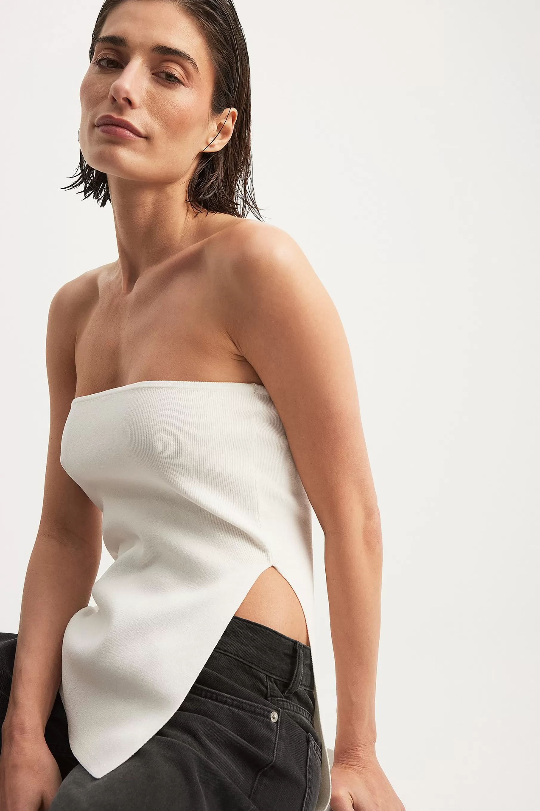 NA-KD Knitted Slit Detail Tube Top White