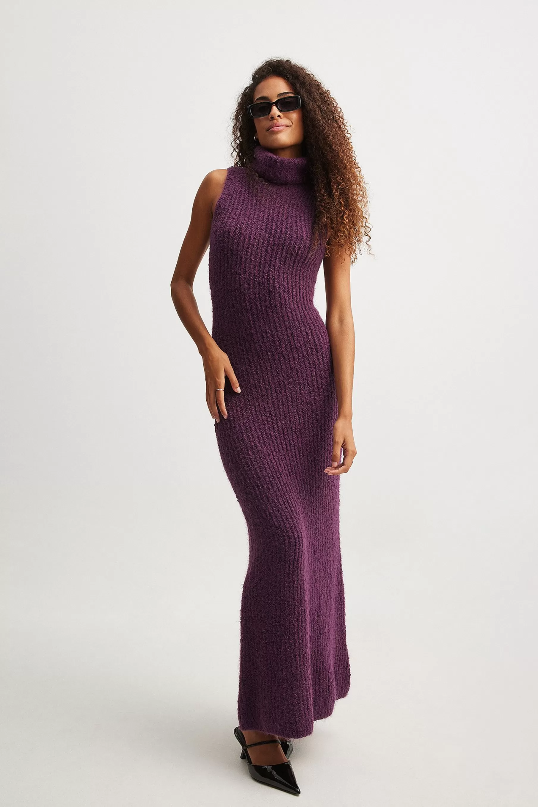 NA-KD Knitted Turtle Neck Maxi Dress Purple