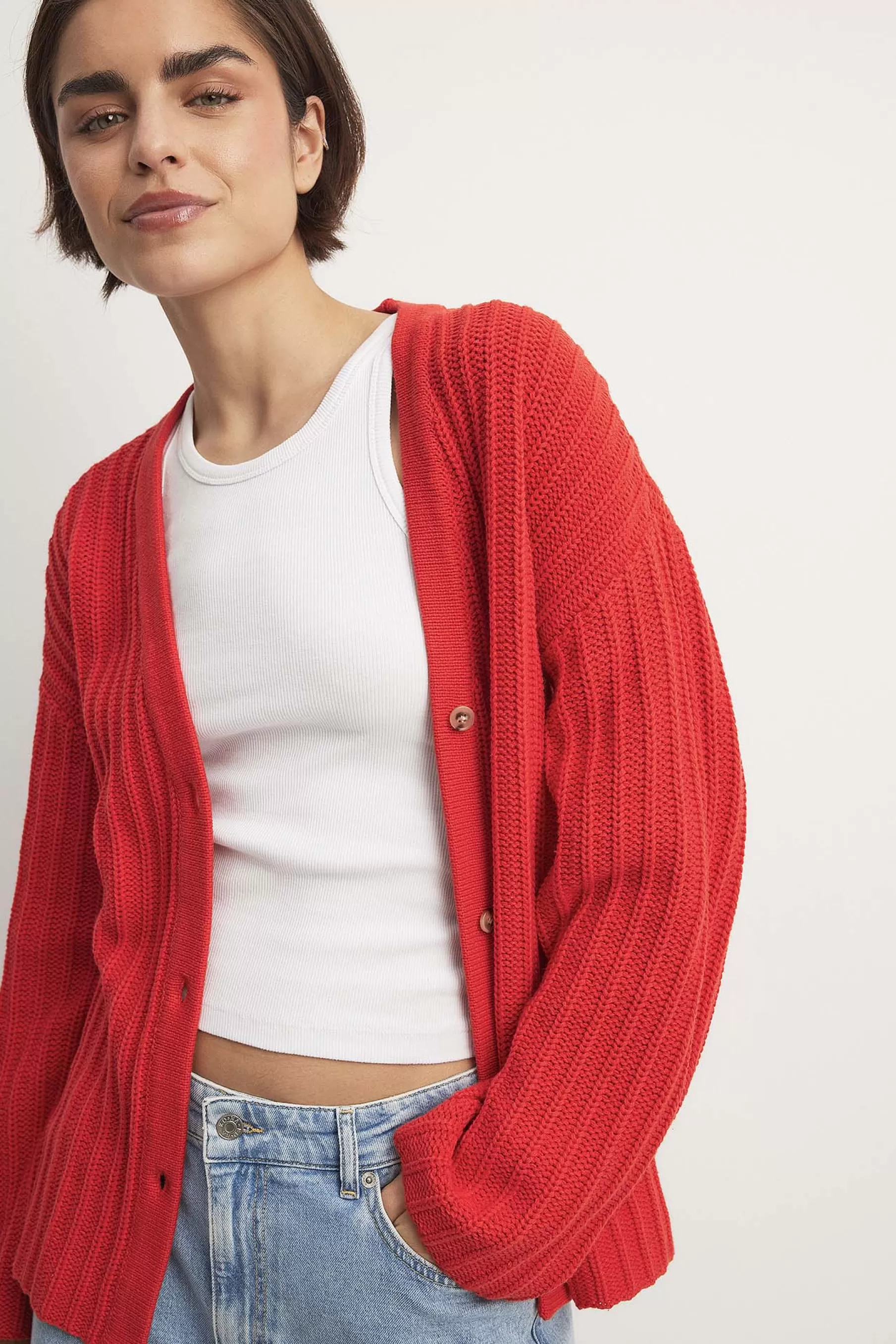 NA-KD Knitted V-Neck Cardigan Red