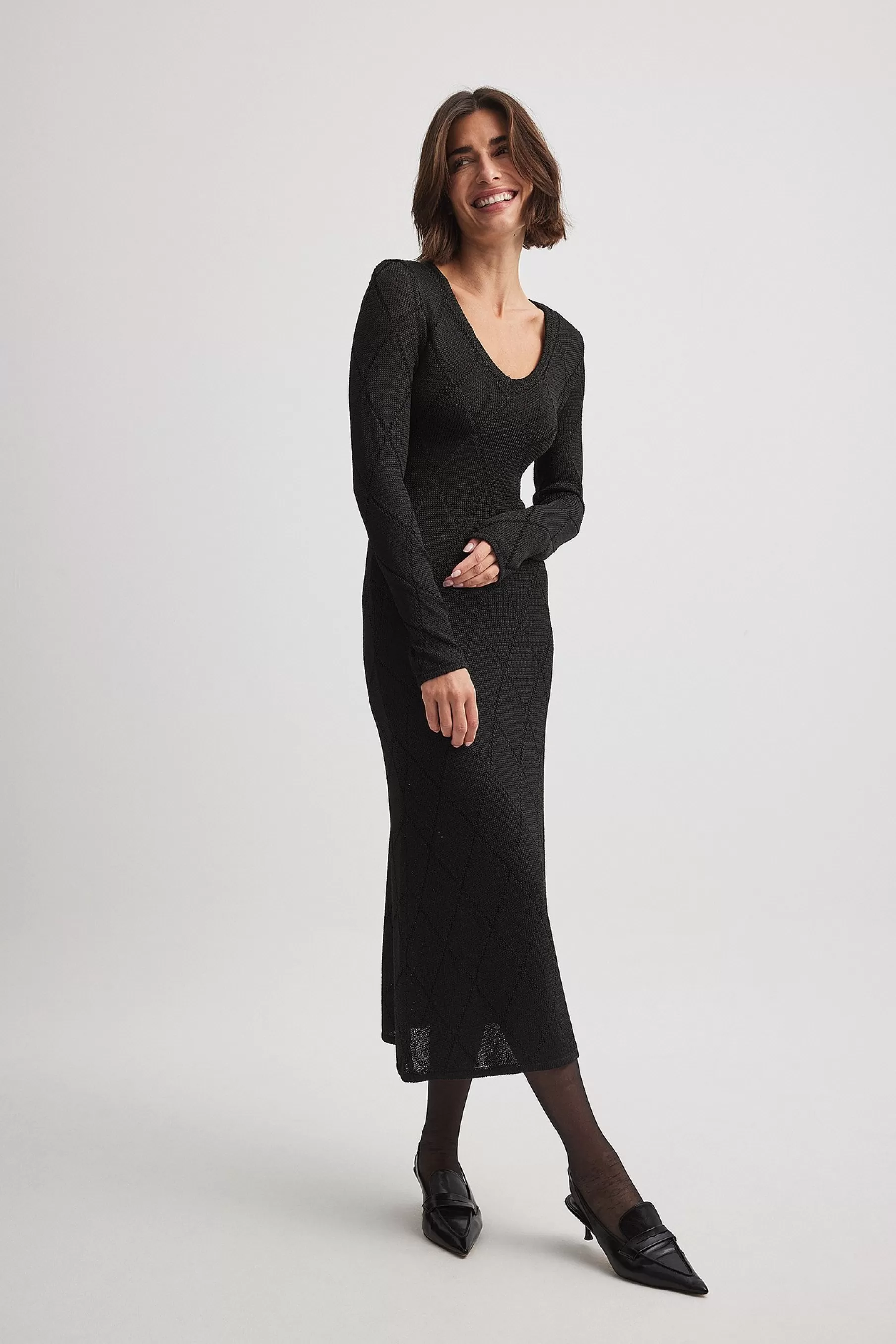 NA-KD Knitted V-Neck Midi Dress Black