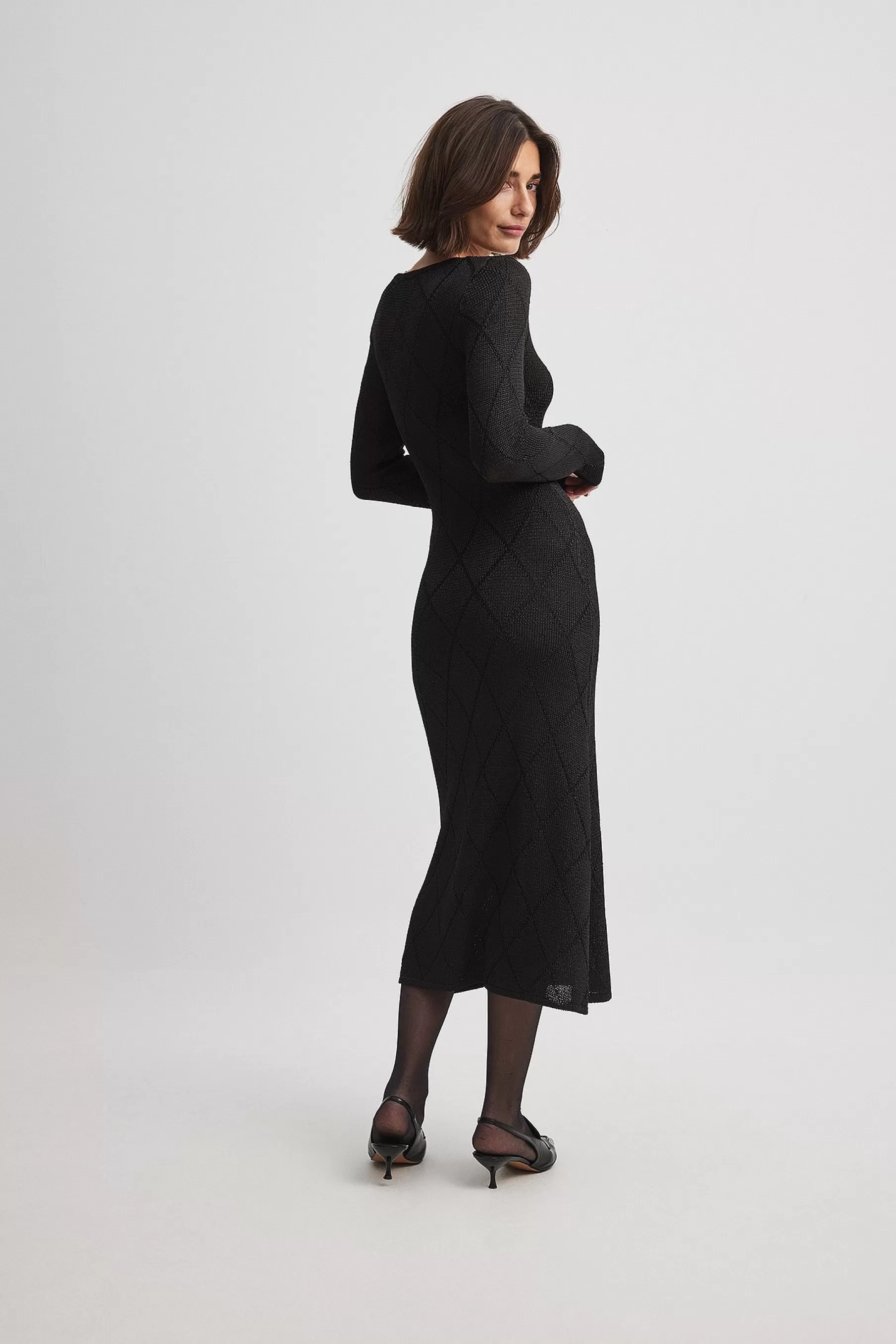 NA-KD Knitted V-Neck Midi Dress Black