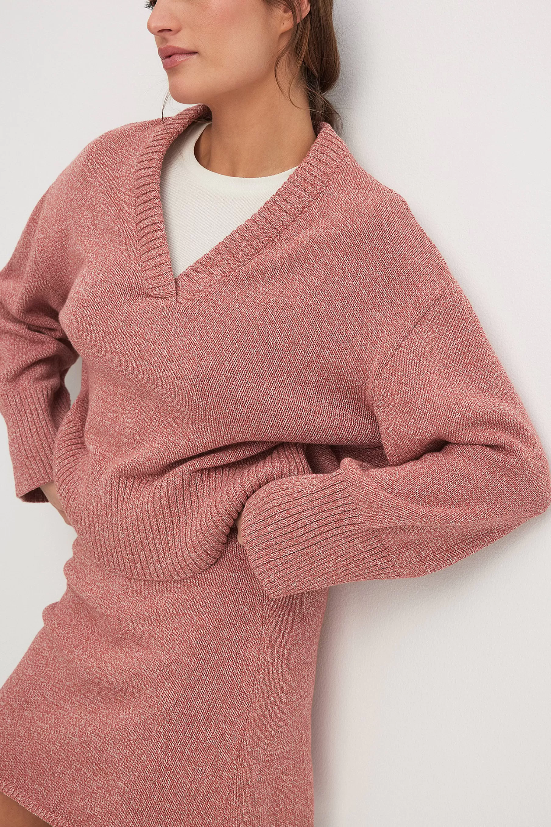 NA-KD Knitted V-Neck Wide Sleeve Sweater Pink