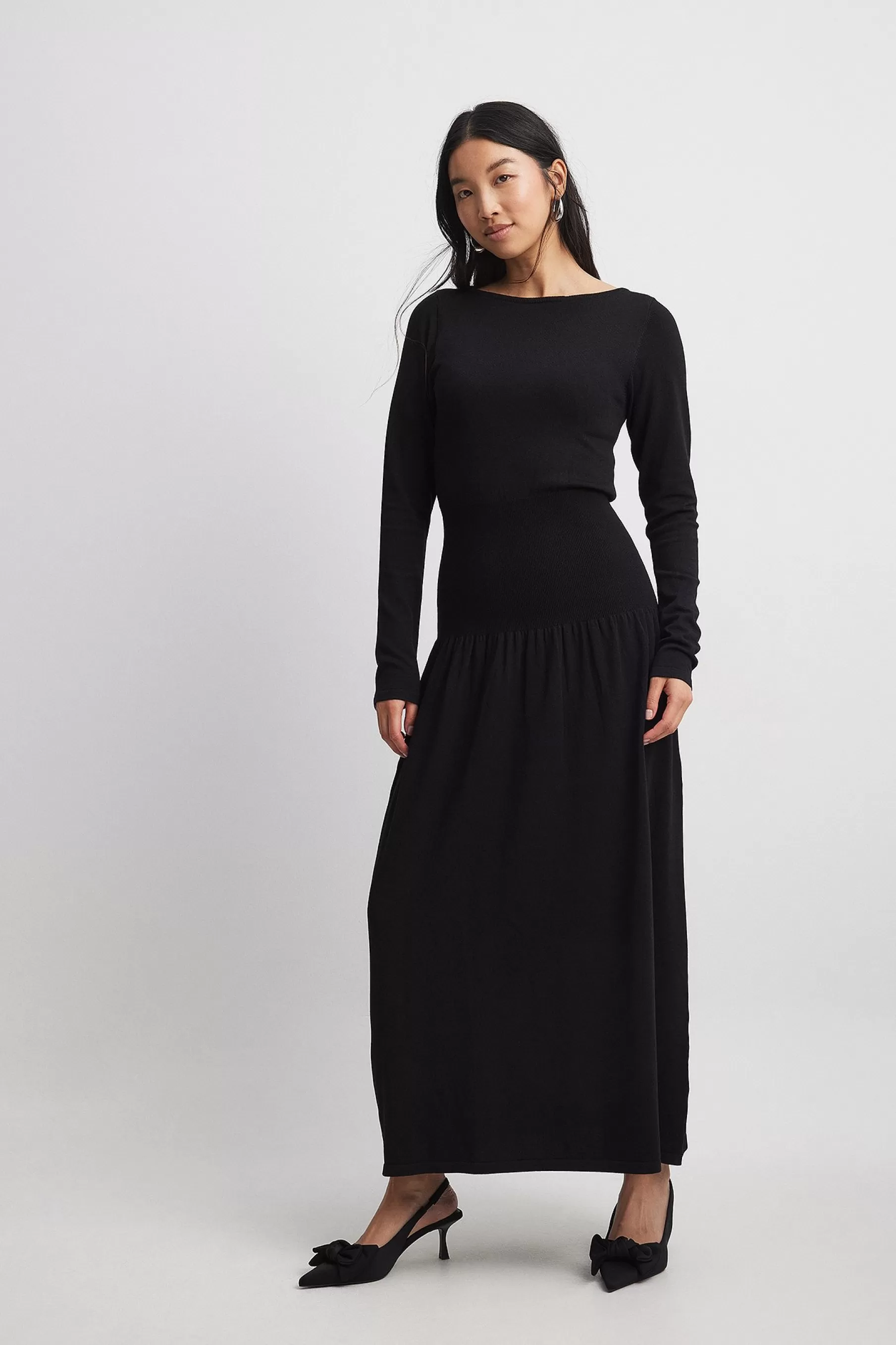 NA-KD Knitted Waist Detail Maxi Dress Black