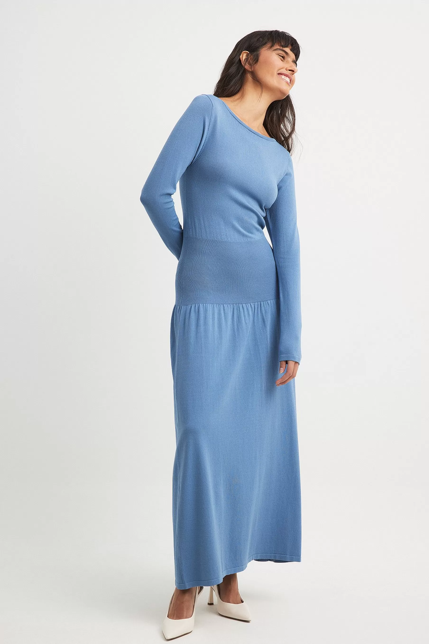 NA-KD Knitted Waist Detail Maxi Dress Blue