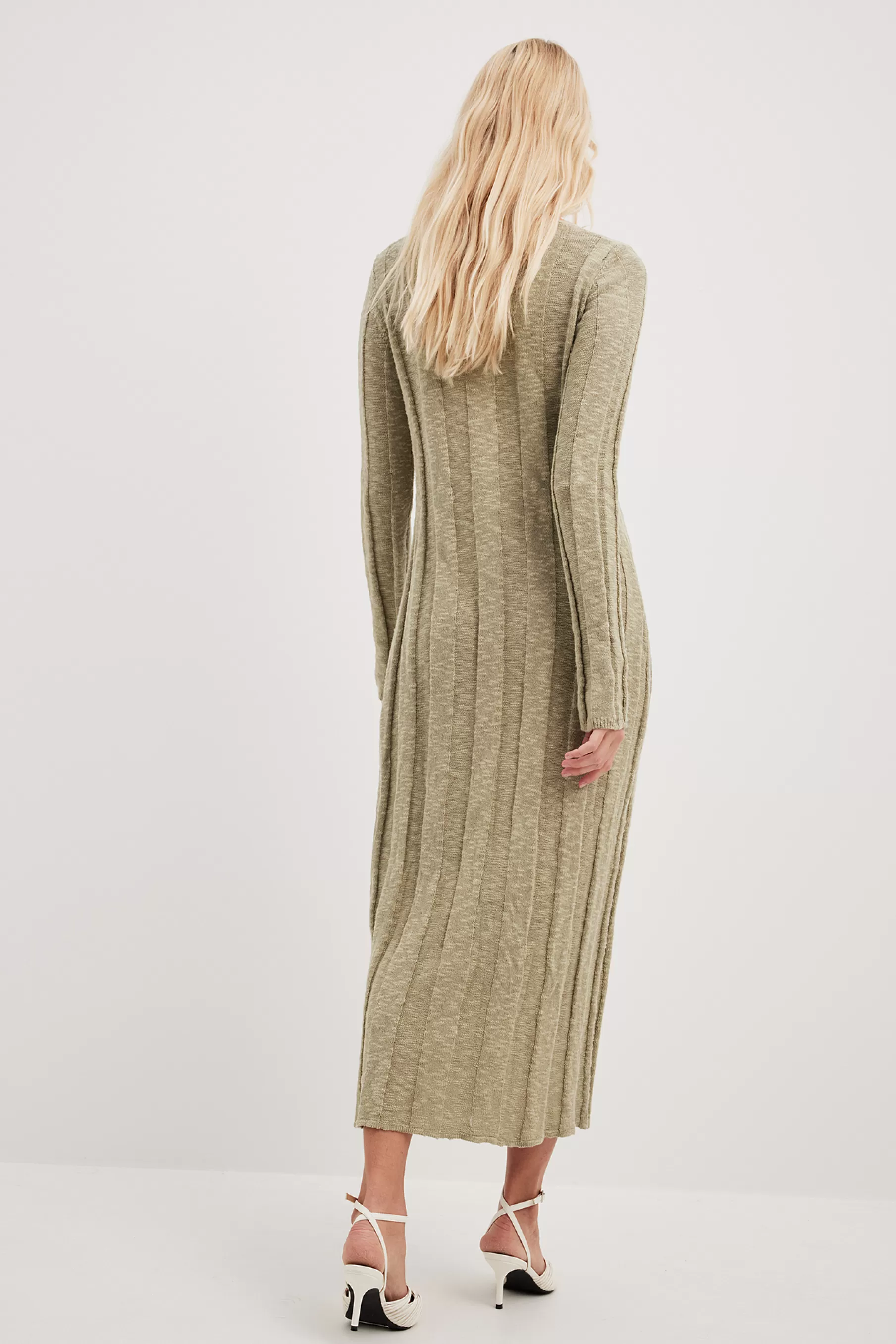 NA-KD Knitted Wide Rib Midi Dress Green