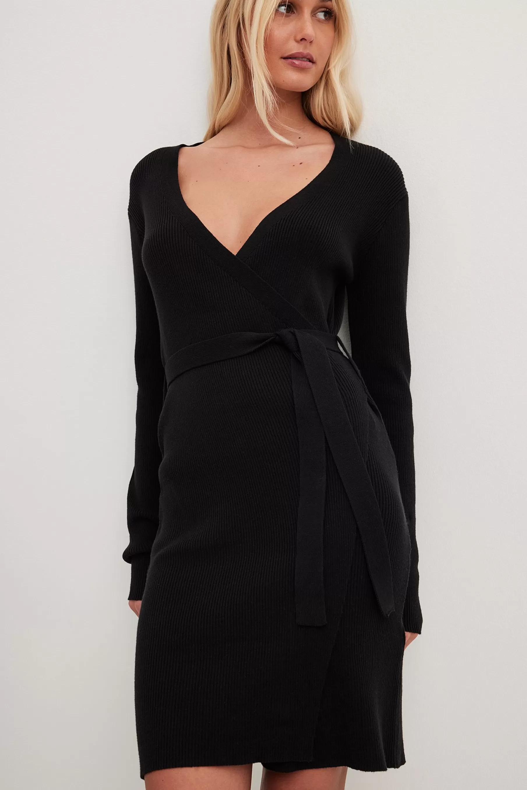 NA-KD Knitted Wrap Midi Dress Black