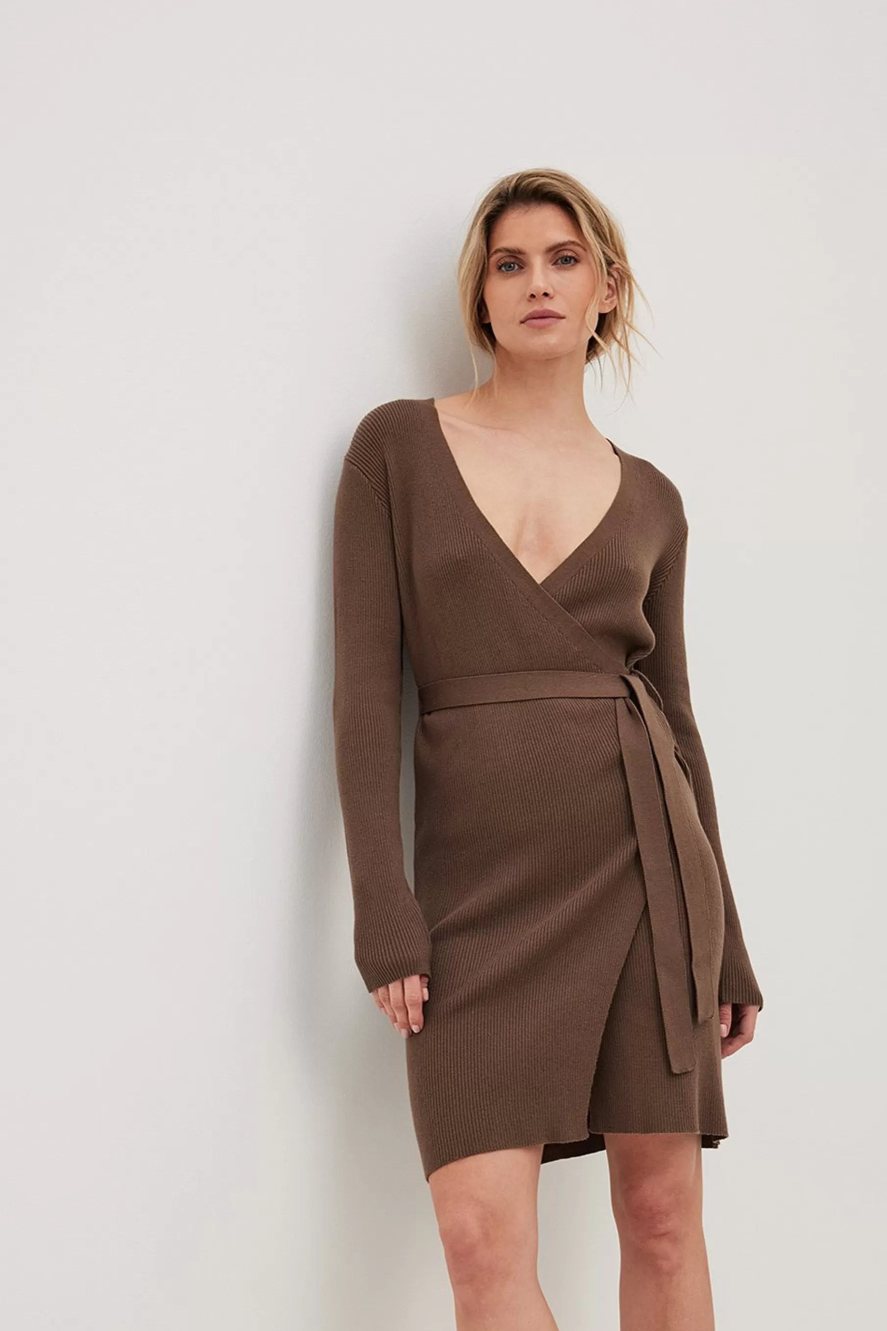 NA-KD Knitted Wrap Midi Dress Brown