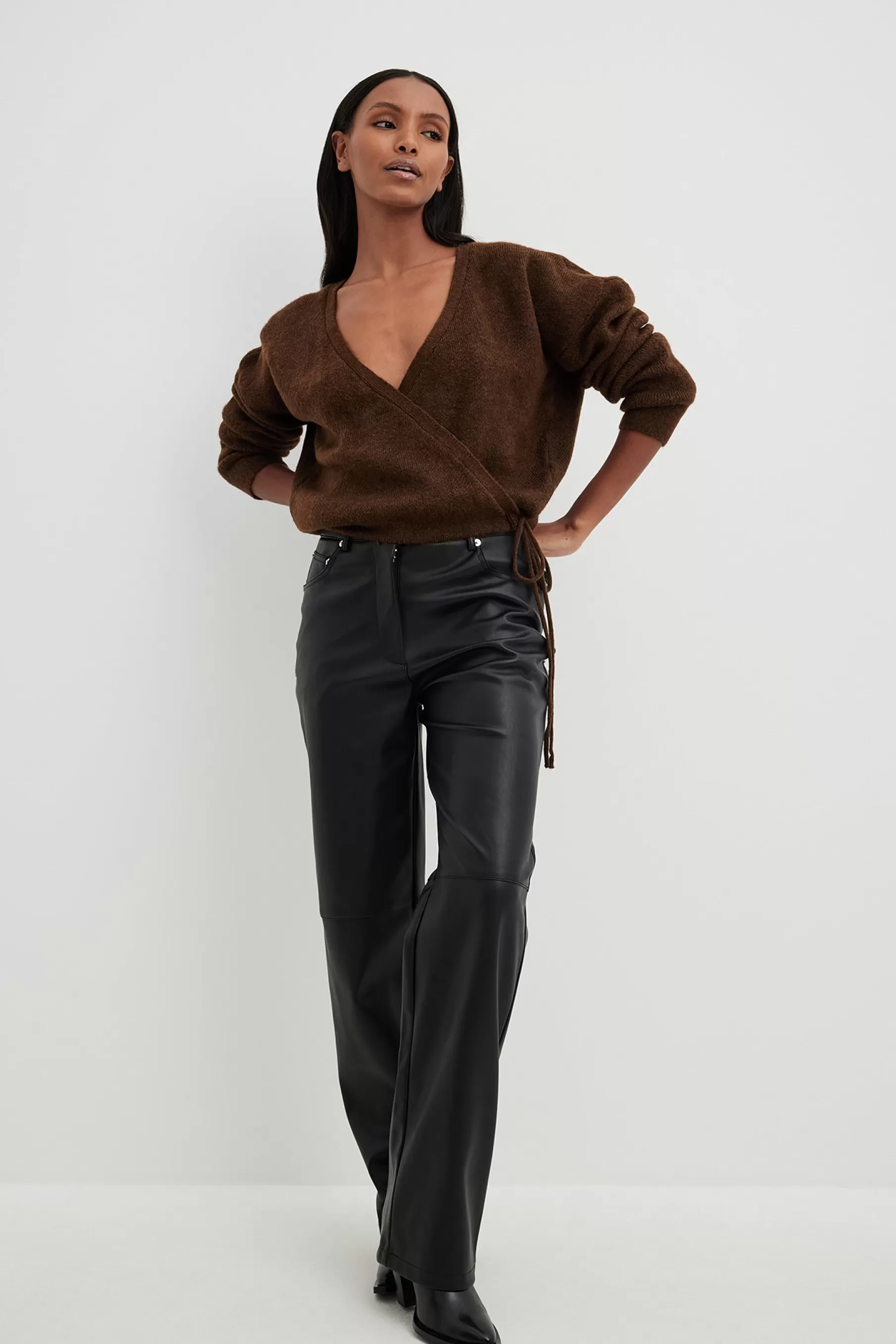 NA-KD Knitted Wrap Sweater Brown