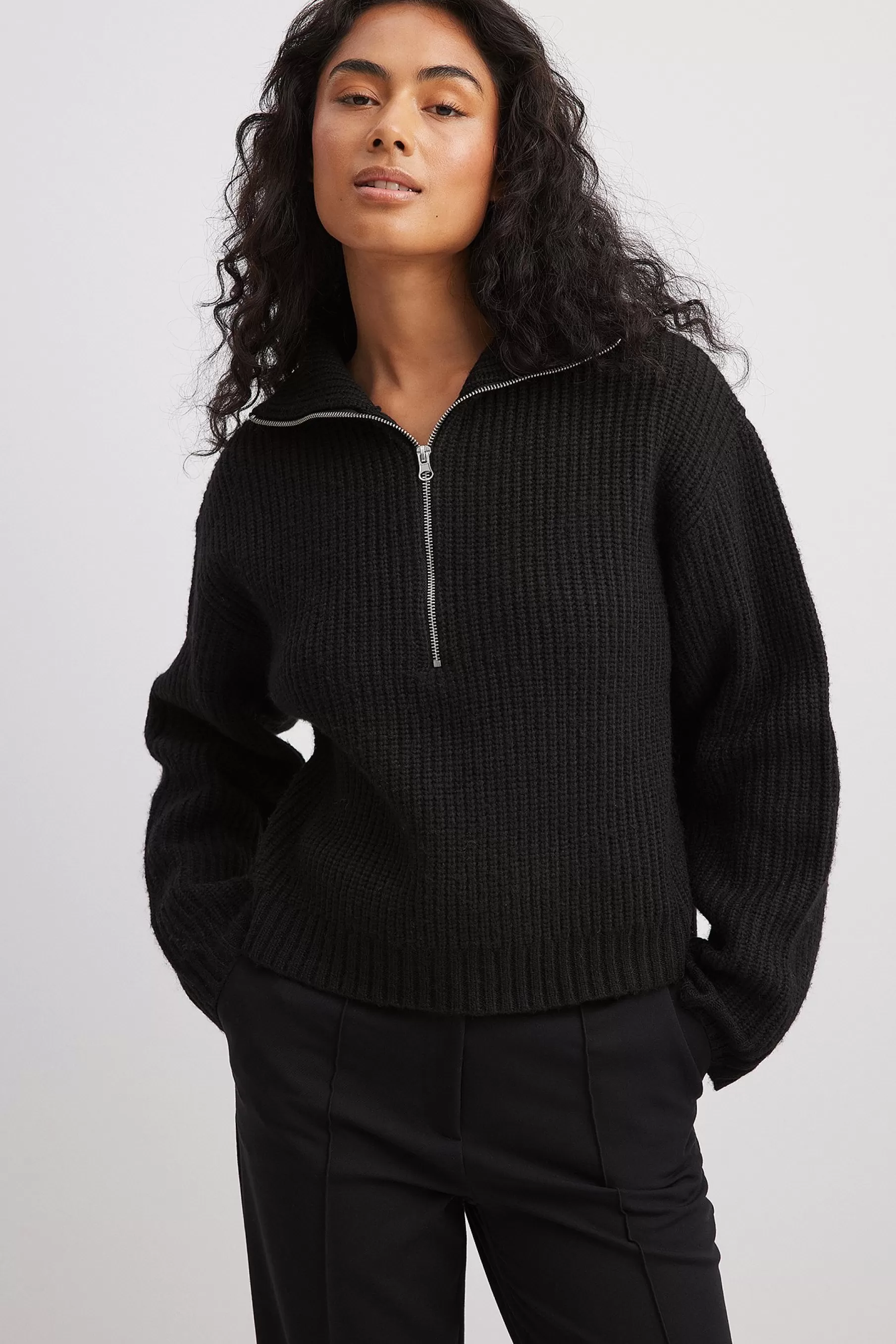 NA-KD Knitted Zip Sweater Black