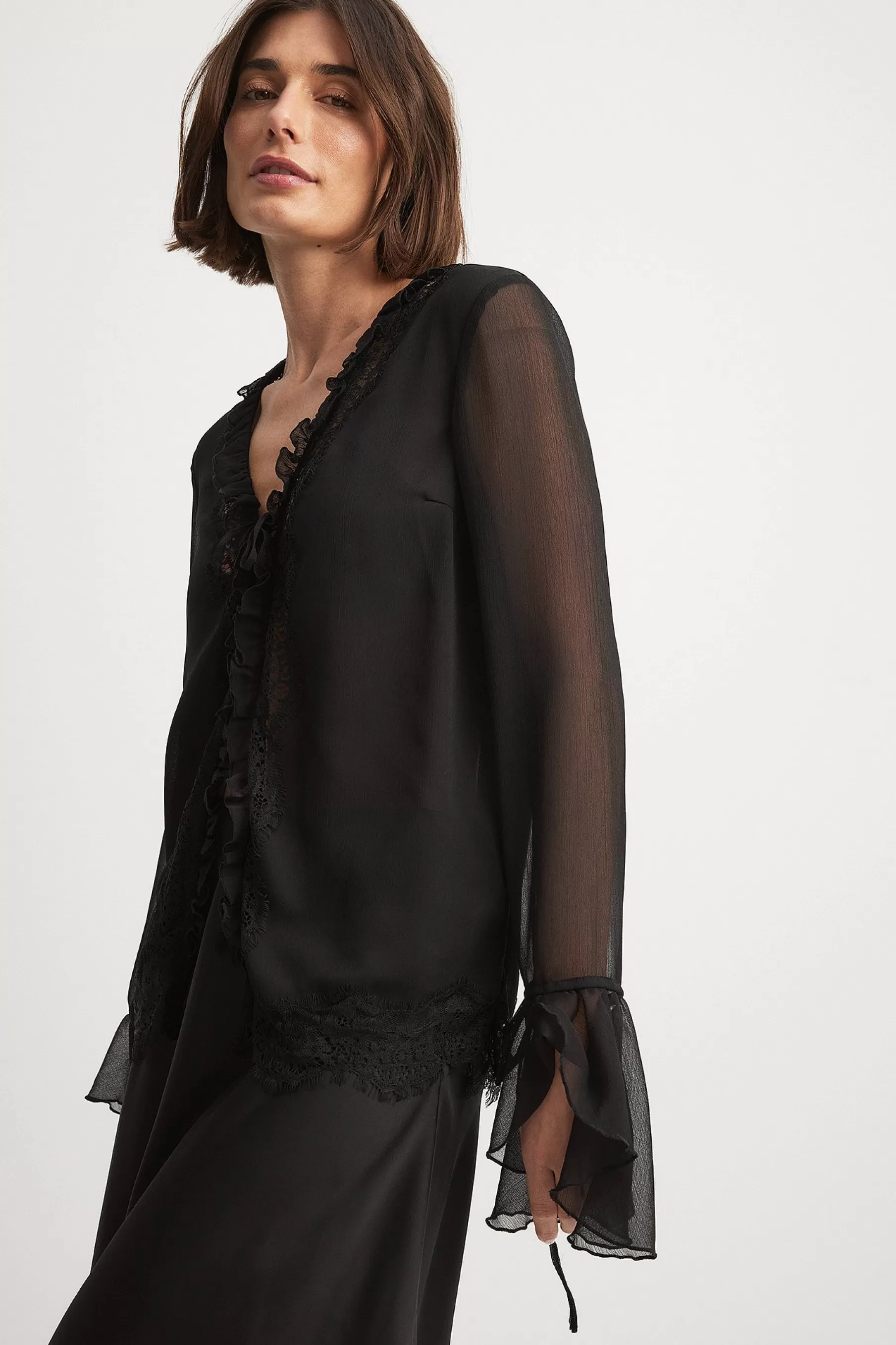 NA-KD Lace Detail Chiffon Blouse Black