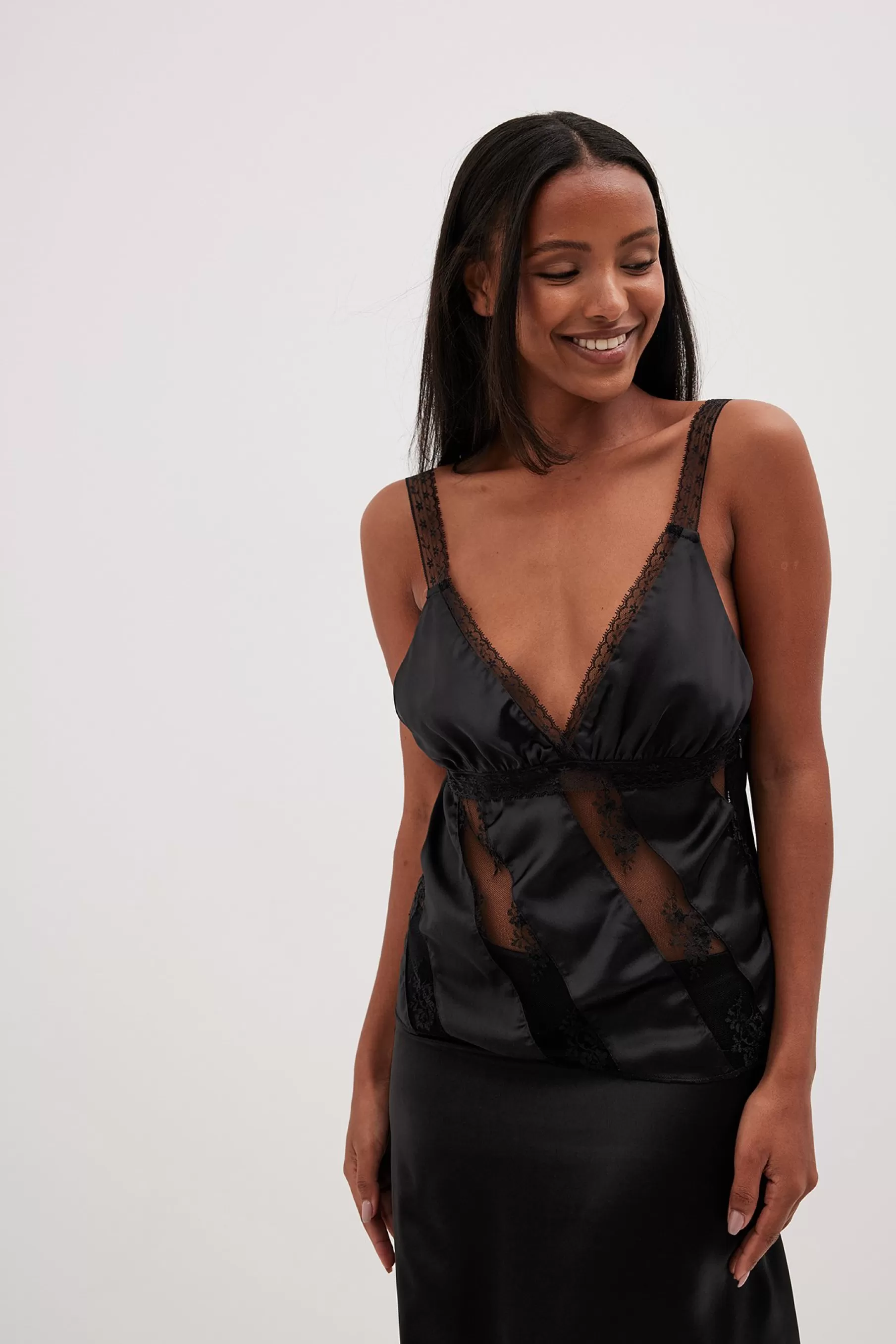 NA-KD Lace Front Detail Satin Top Black