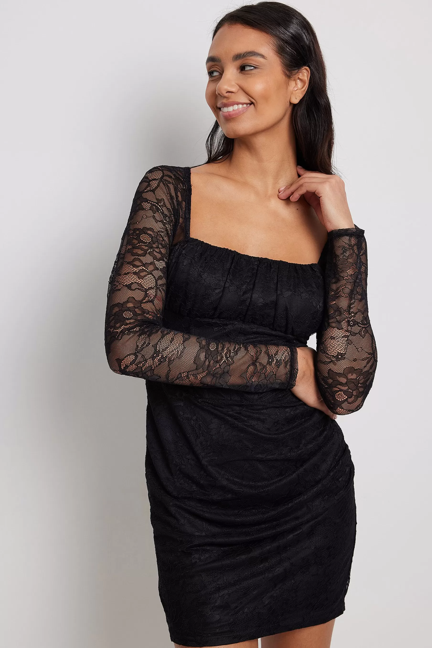 NA-KD Lace LS Mini Dress Black