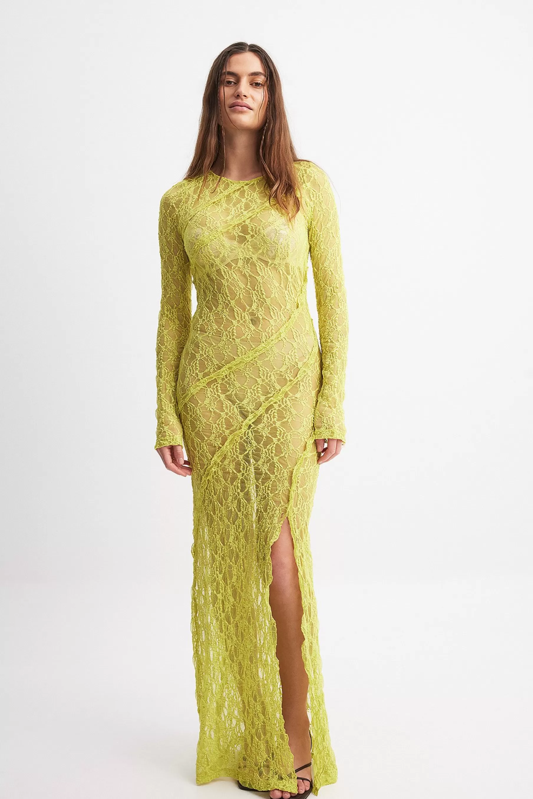 NA-KD Lace Slit Detail Long Sleeve Maxi Dress Green