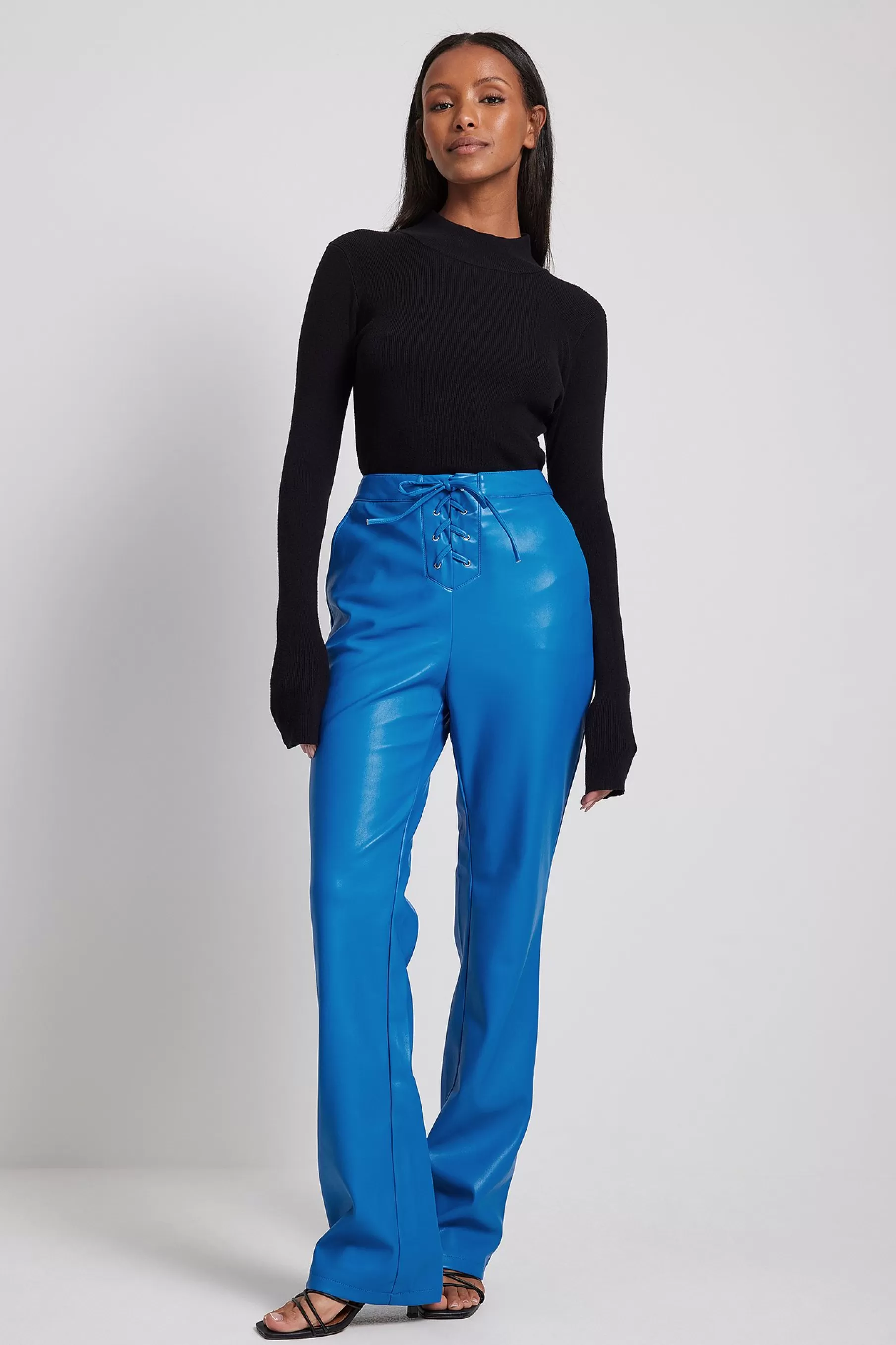 NA-KD Lace-Up PU Pants Blue