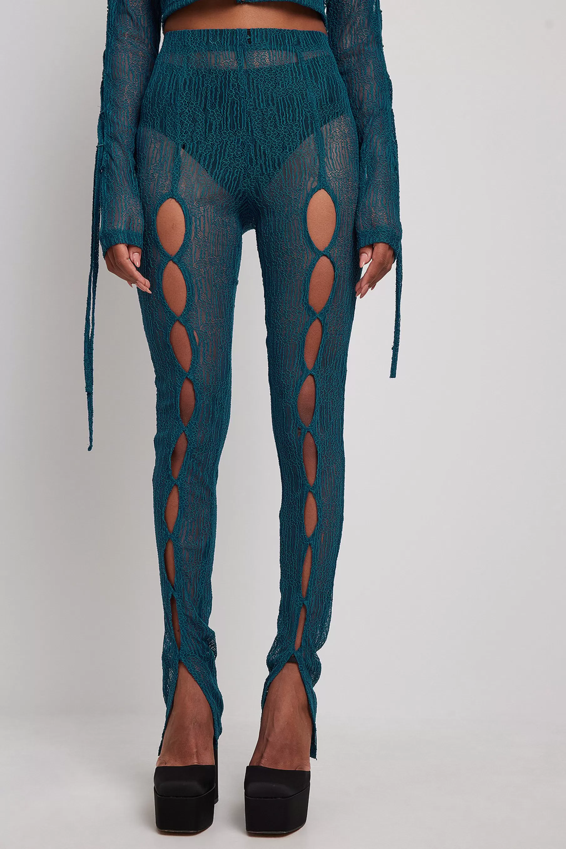 NA-KD Lacing Detail Lace Trousers Blue