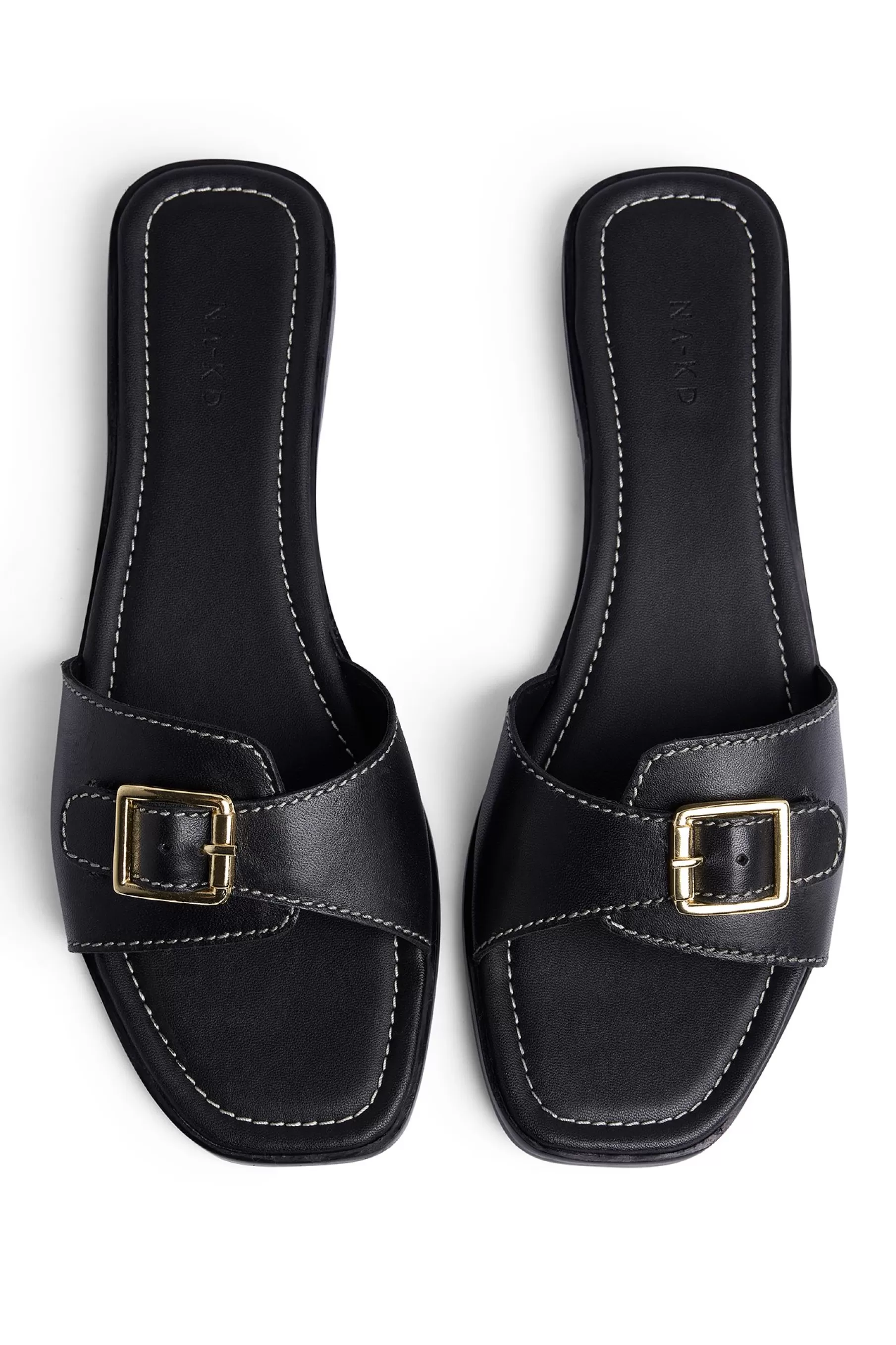 NA-KD Leather Buckle Slippers Black