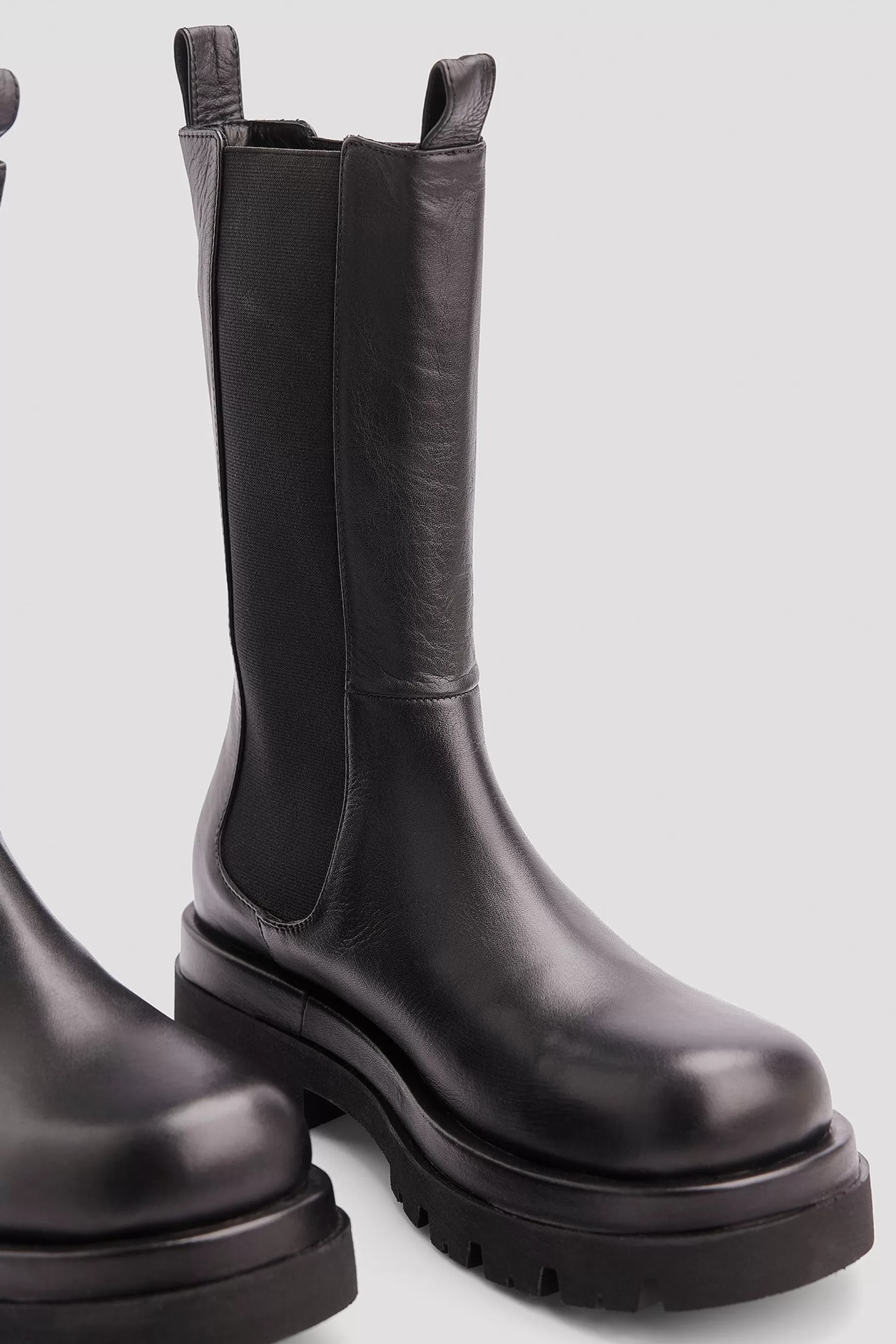 NA-KD Leather Calf Boots Black