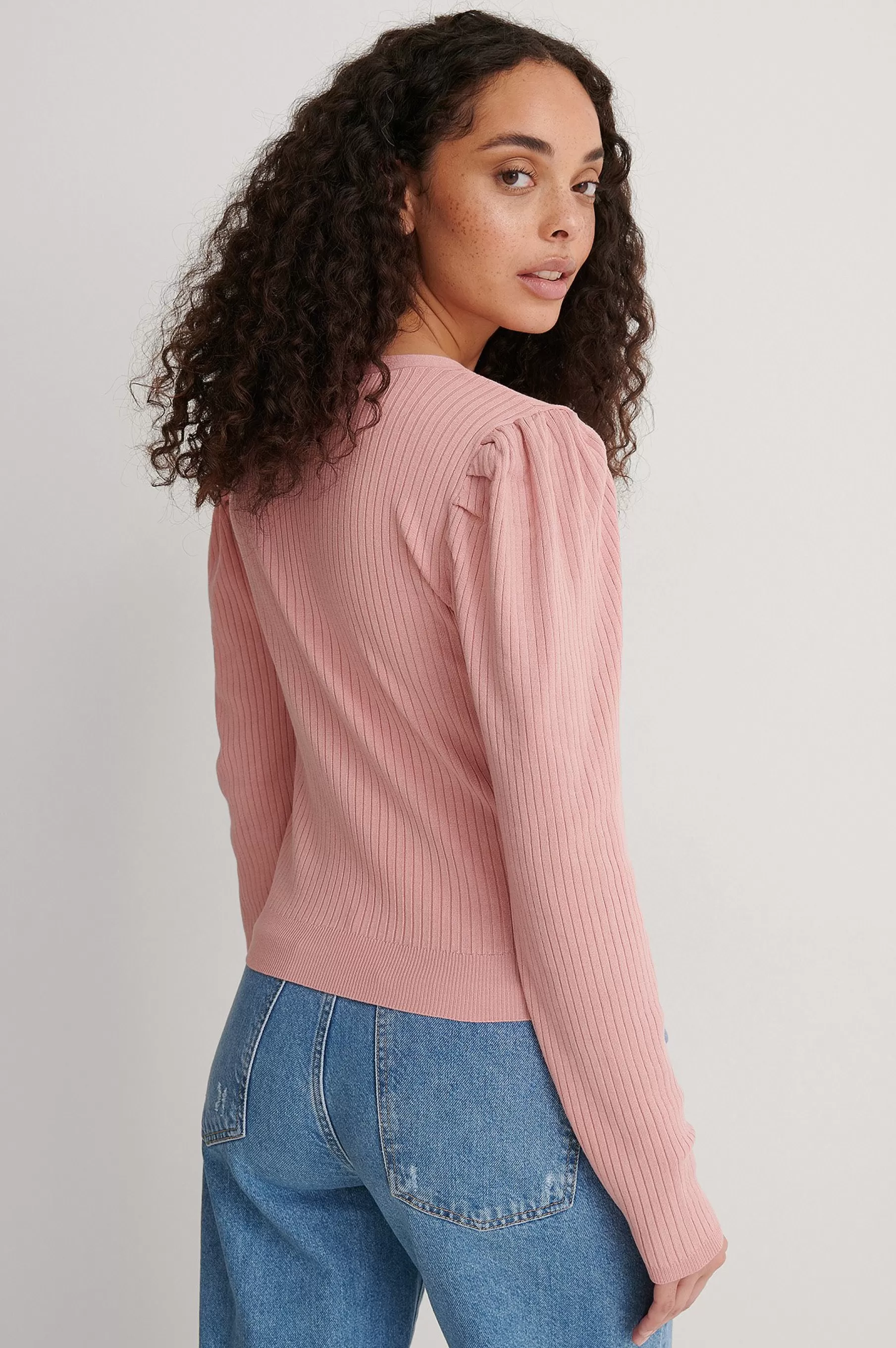 NA-KD Light Knit Puff Sleeve Cardigan Pink