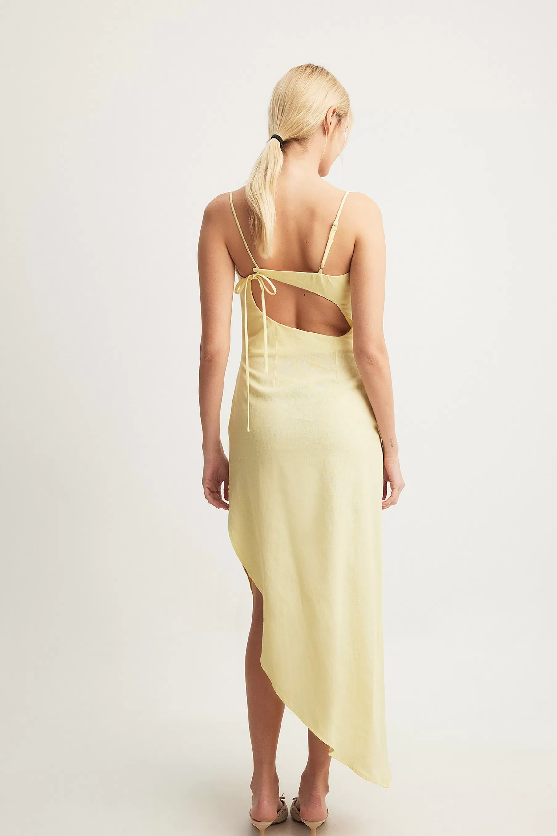 NA-KD Linen Blend Asymmetric Open Back Midi Dress Yellow