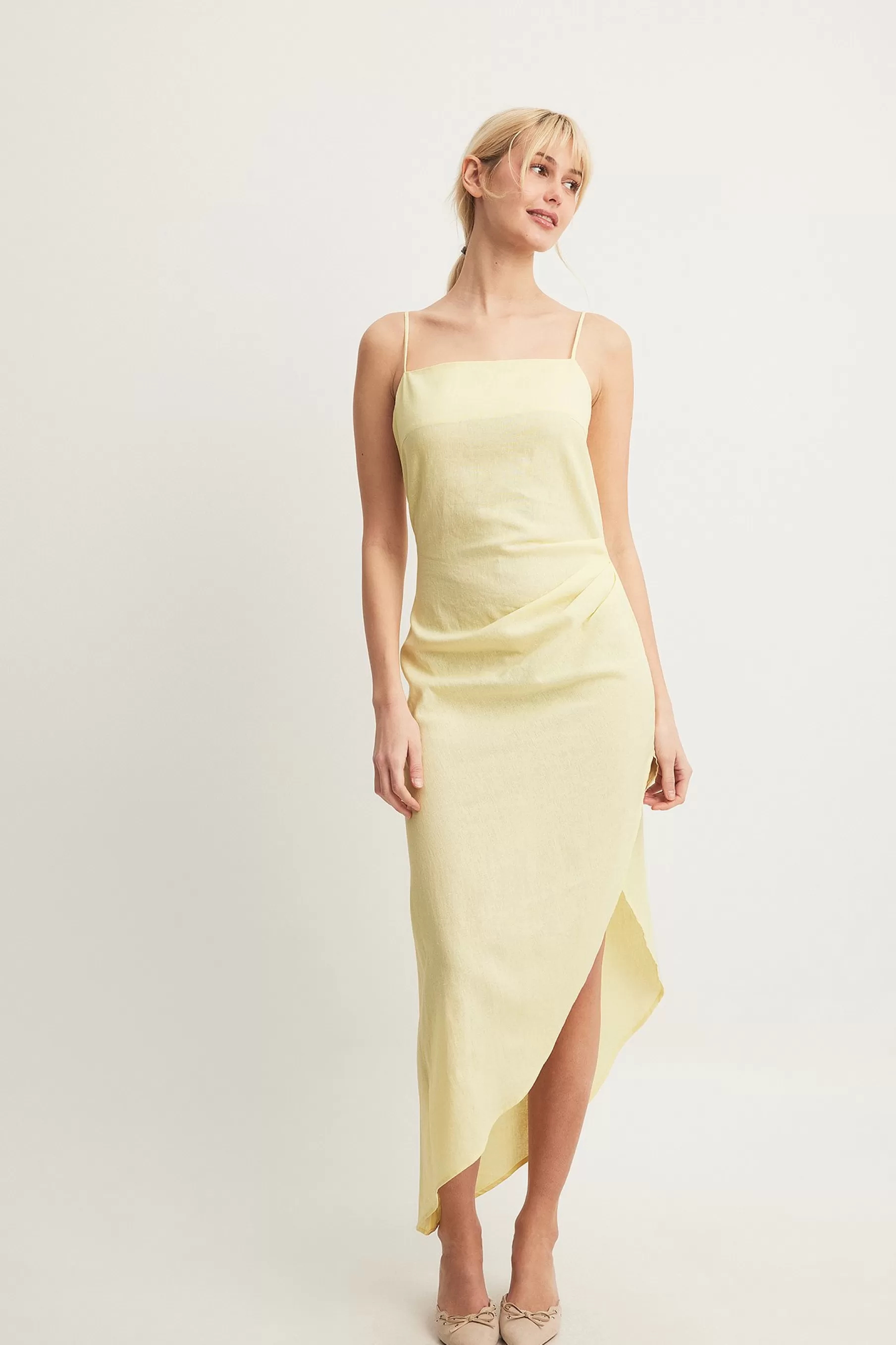 NA-KD Linen Blend Asymmetric Open Back Midi Dress Yellow