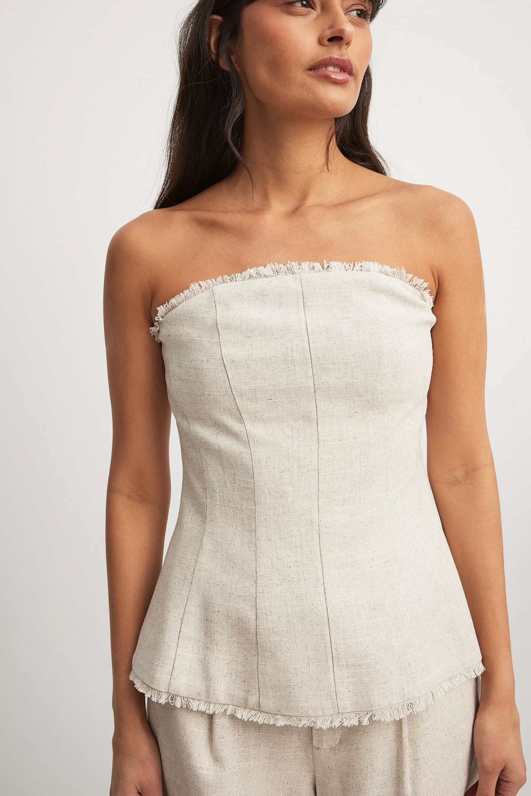 NA-KD Linen Blend Bandeau Top Beige