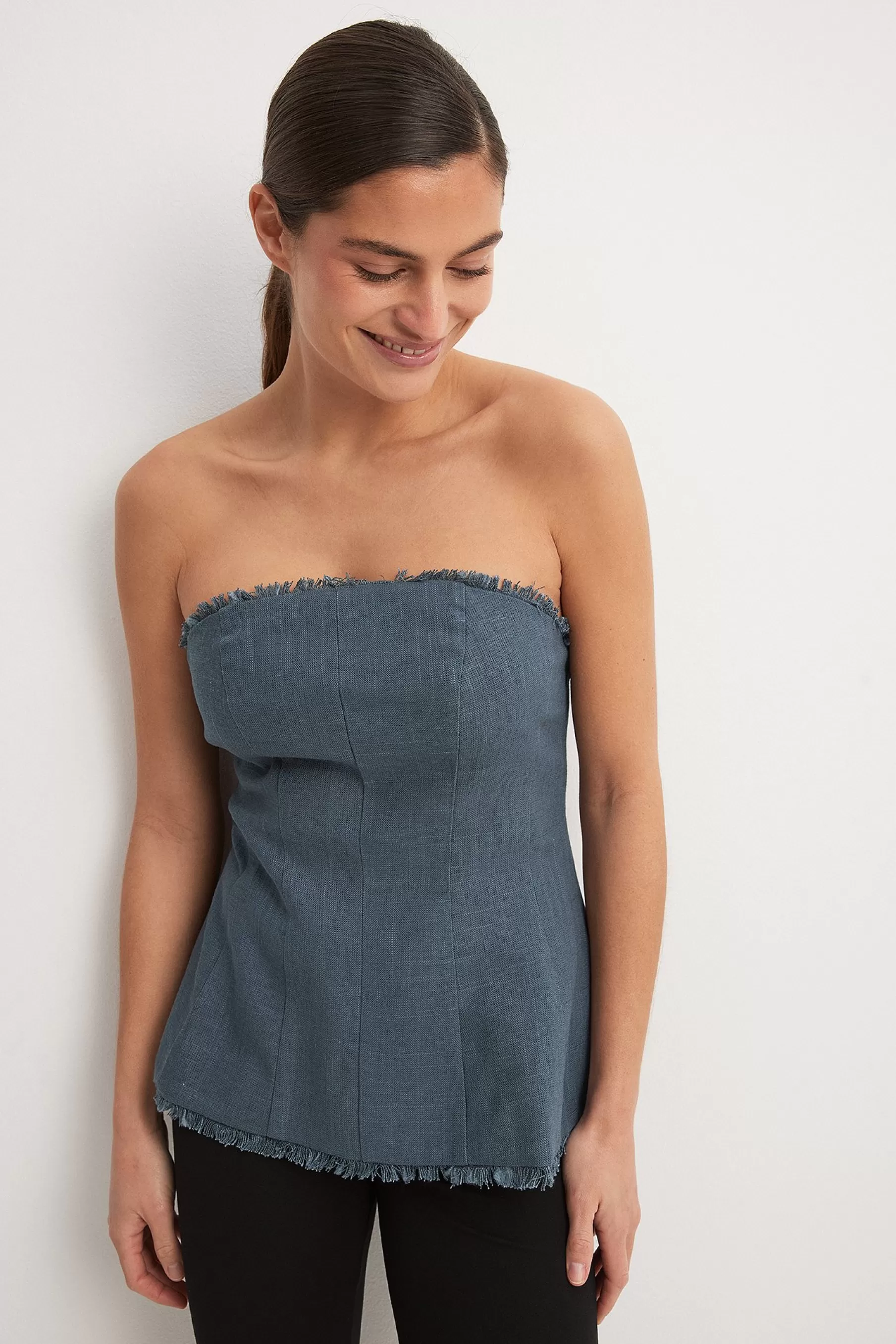 NA-KD Linen Blend Bandeau Top Grey