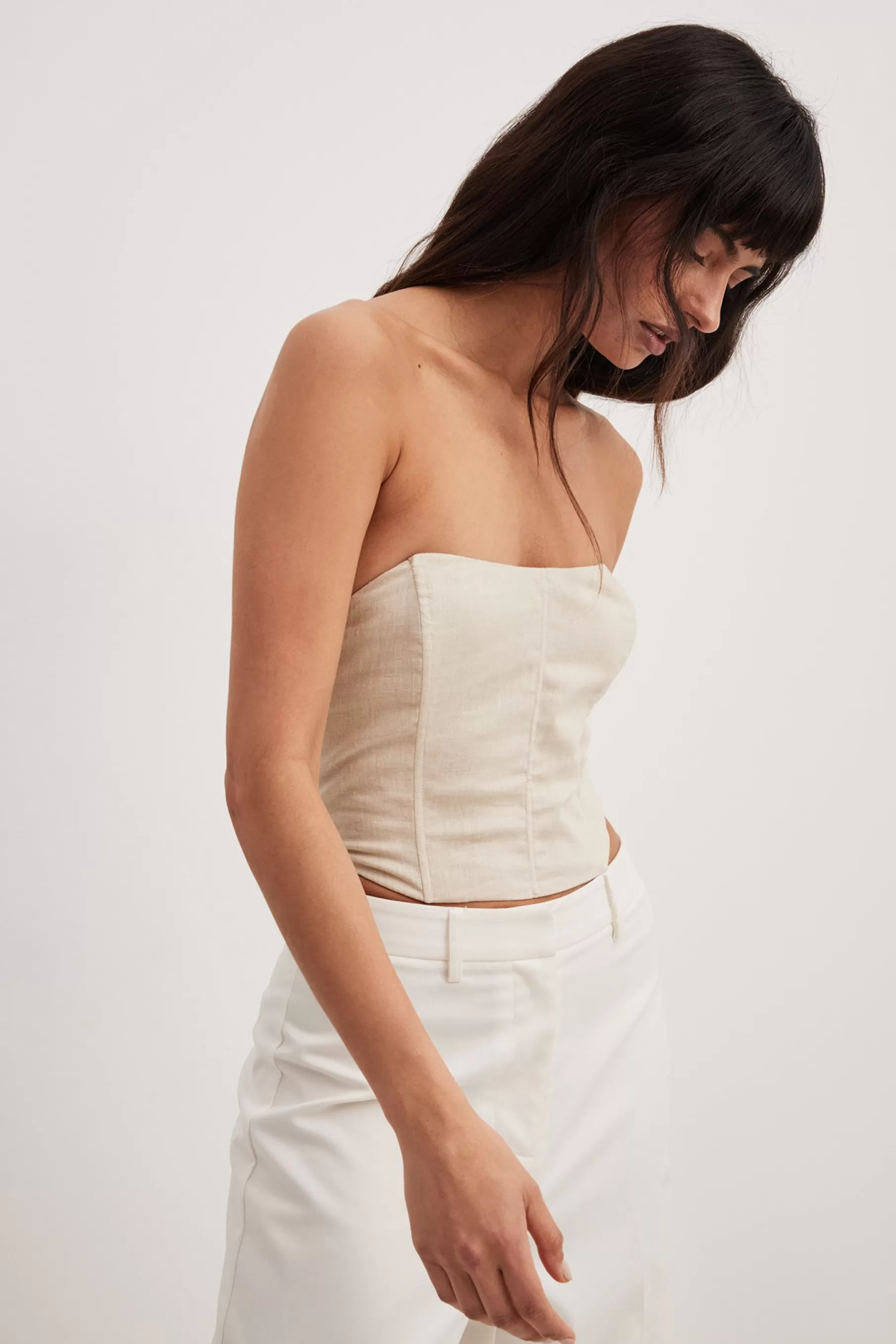 NA-KD Linen Blend Corset Top Beige