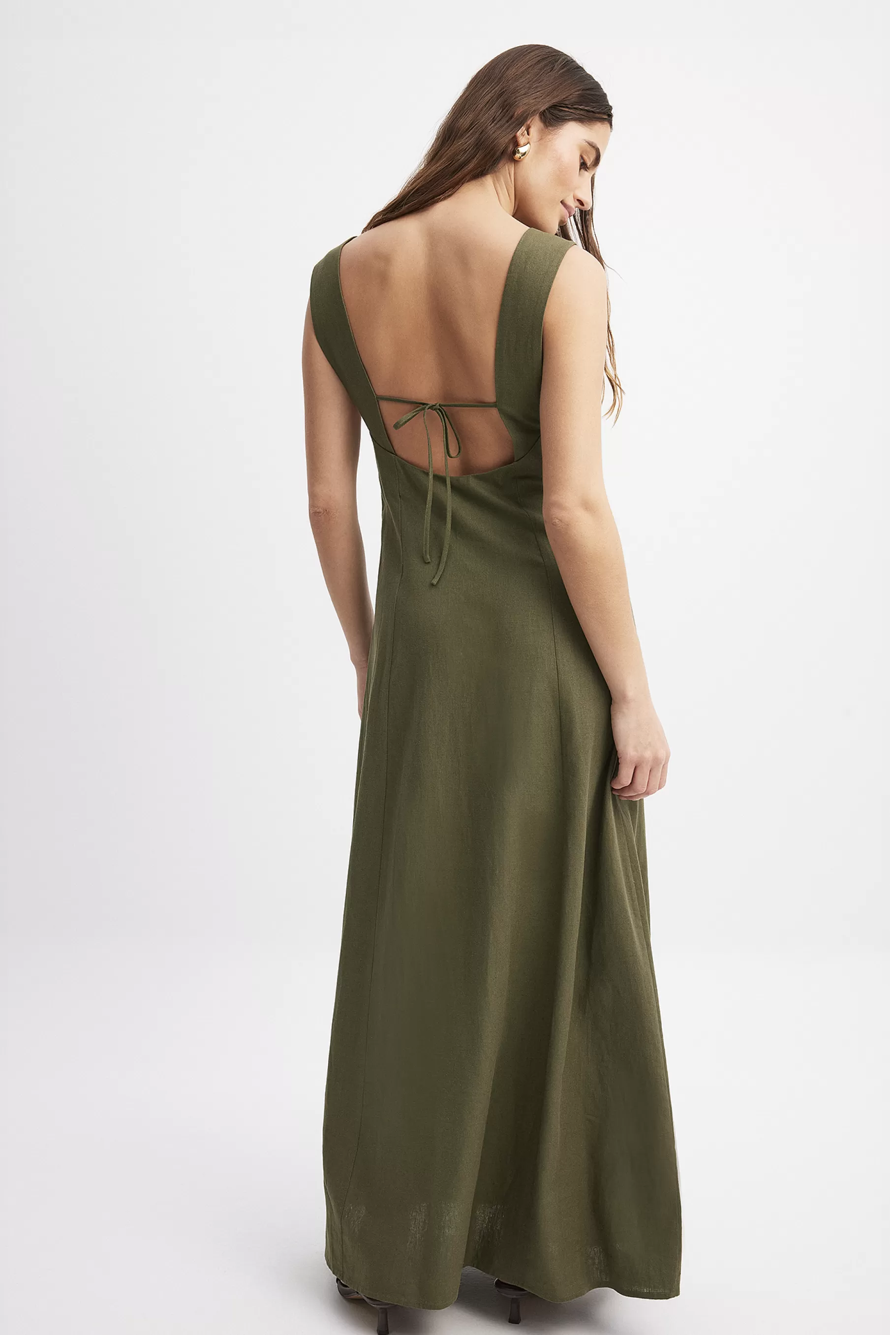 NA-KD Linen Blend Deep Back Maxi Dress Green