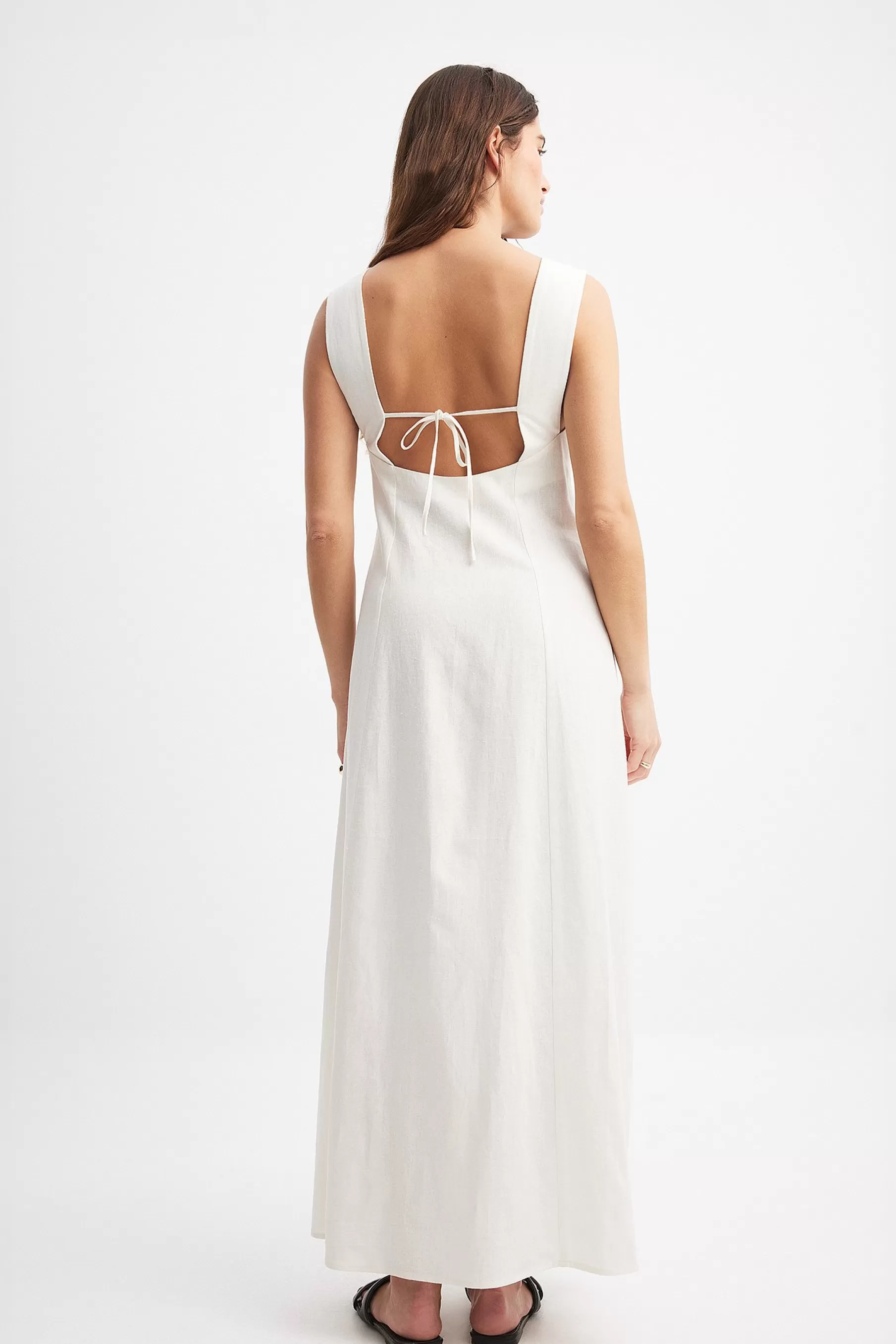 NA-KD Linen Blend Deep Back Maxi Dress White