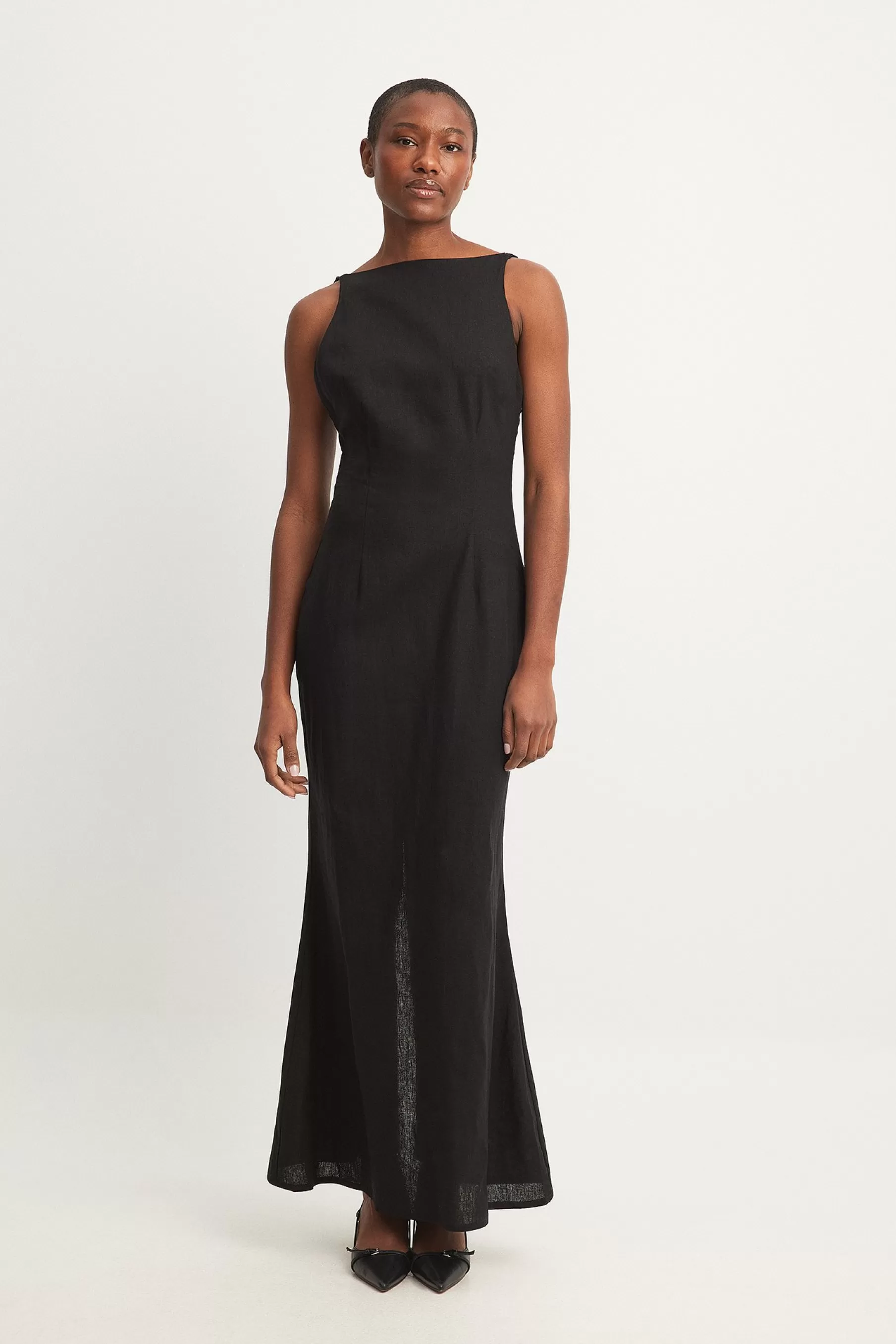 NA-KD Linen Blend Open Back Maxi Dress Black