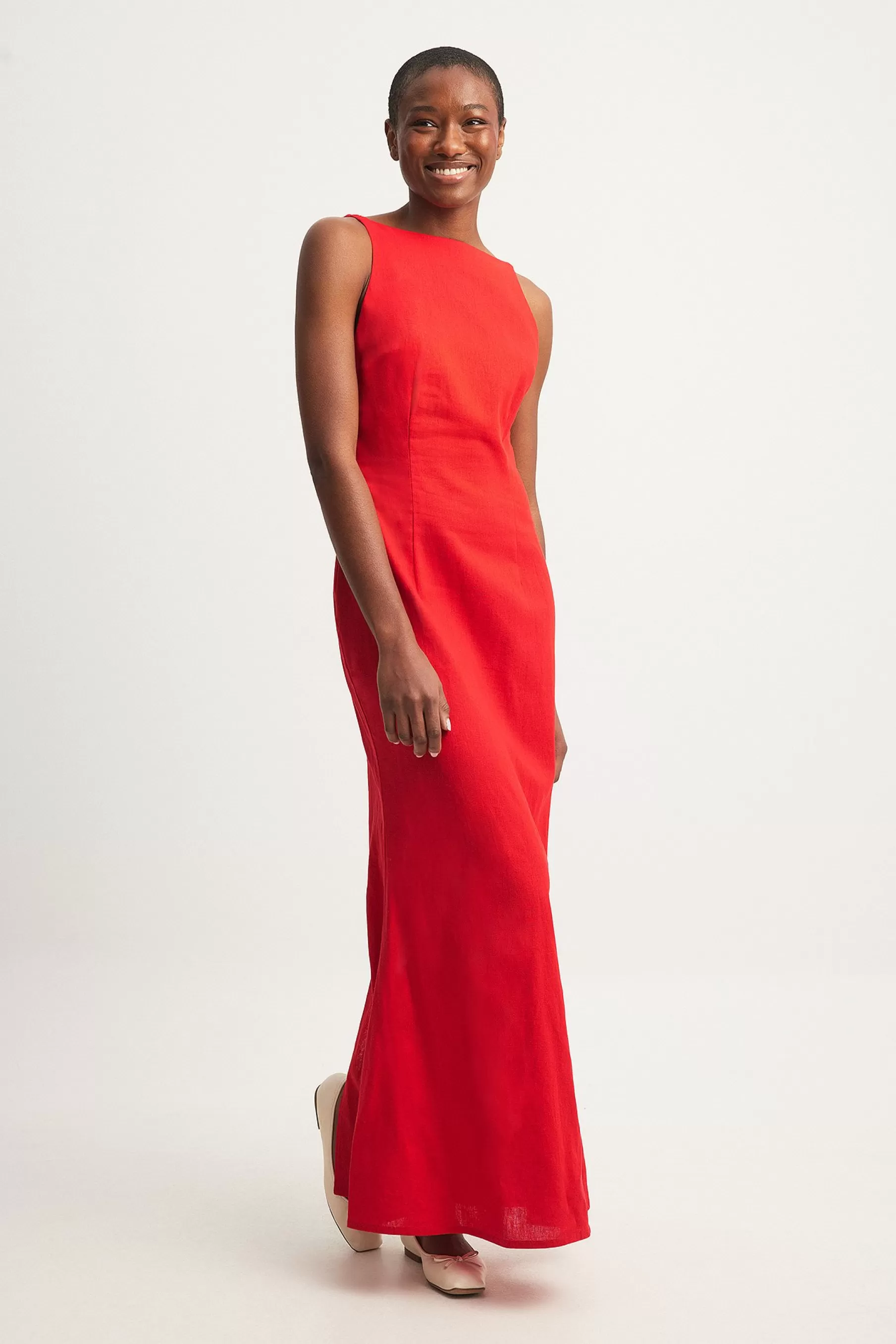 NA-KD Linen Blend Open Back Maxi Dress Red