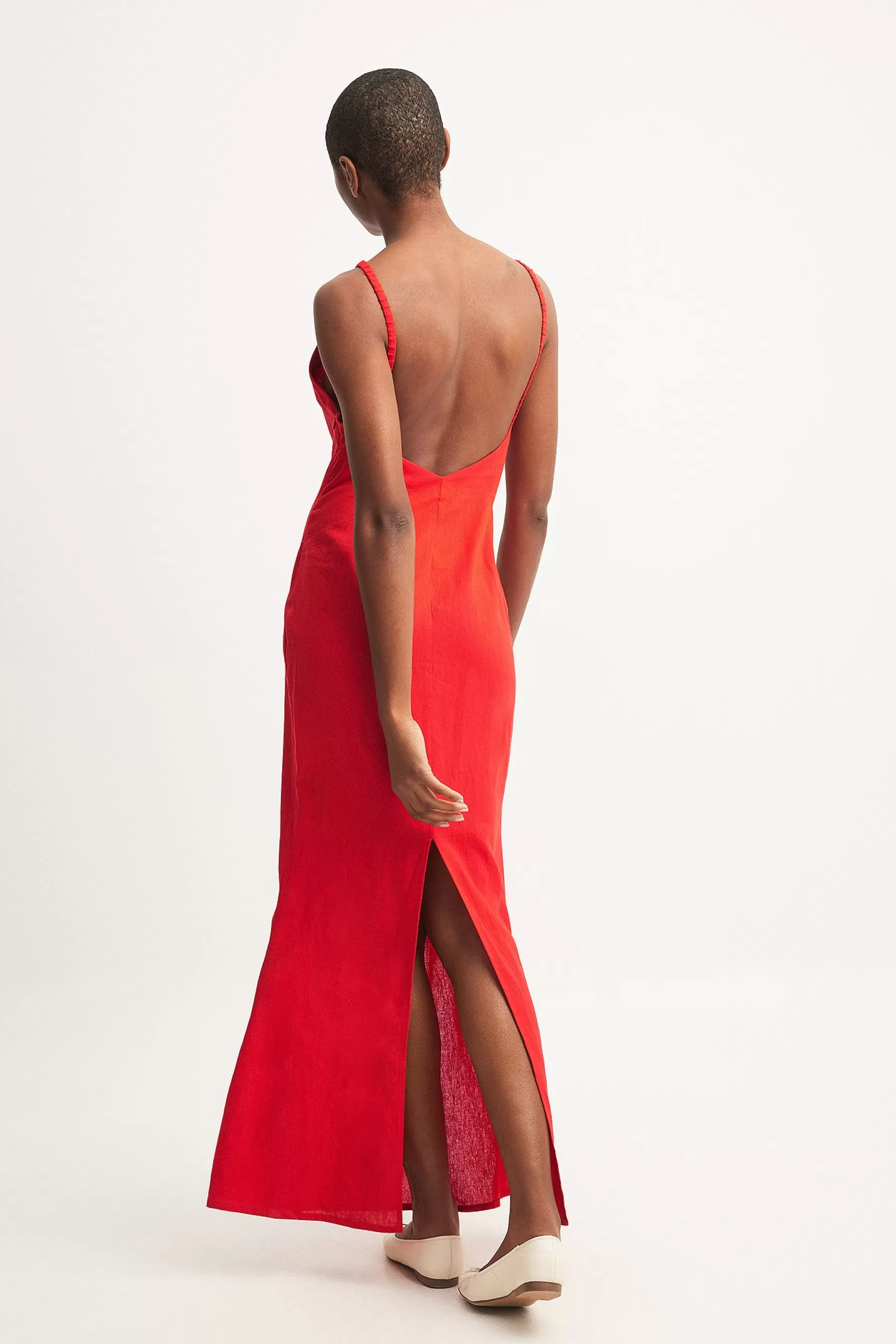 NA-KD Linen Blend Open Back Maxi Dress Red