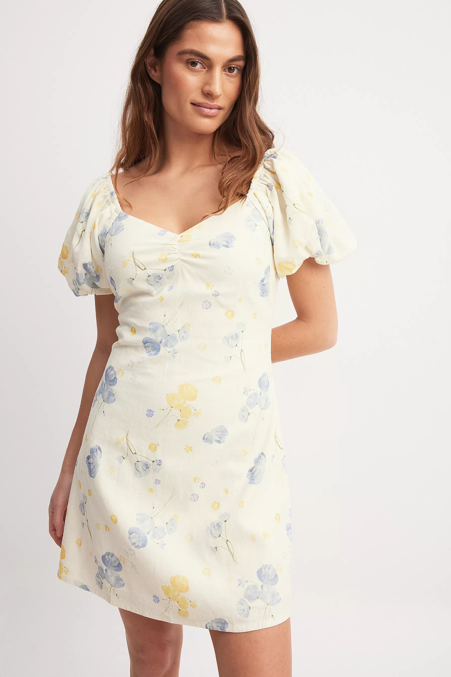 NA-KD Linen Blend Puff Shoulder Mini Dress Flower