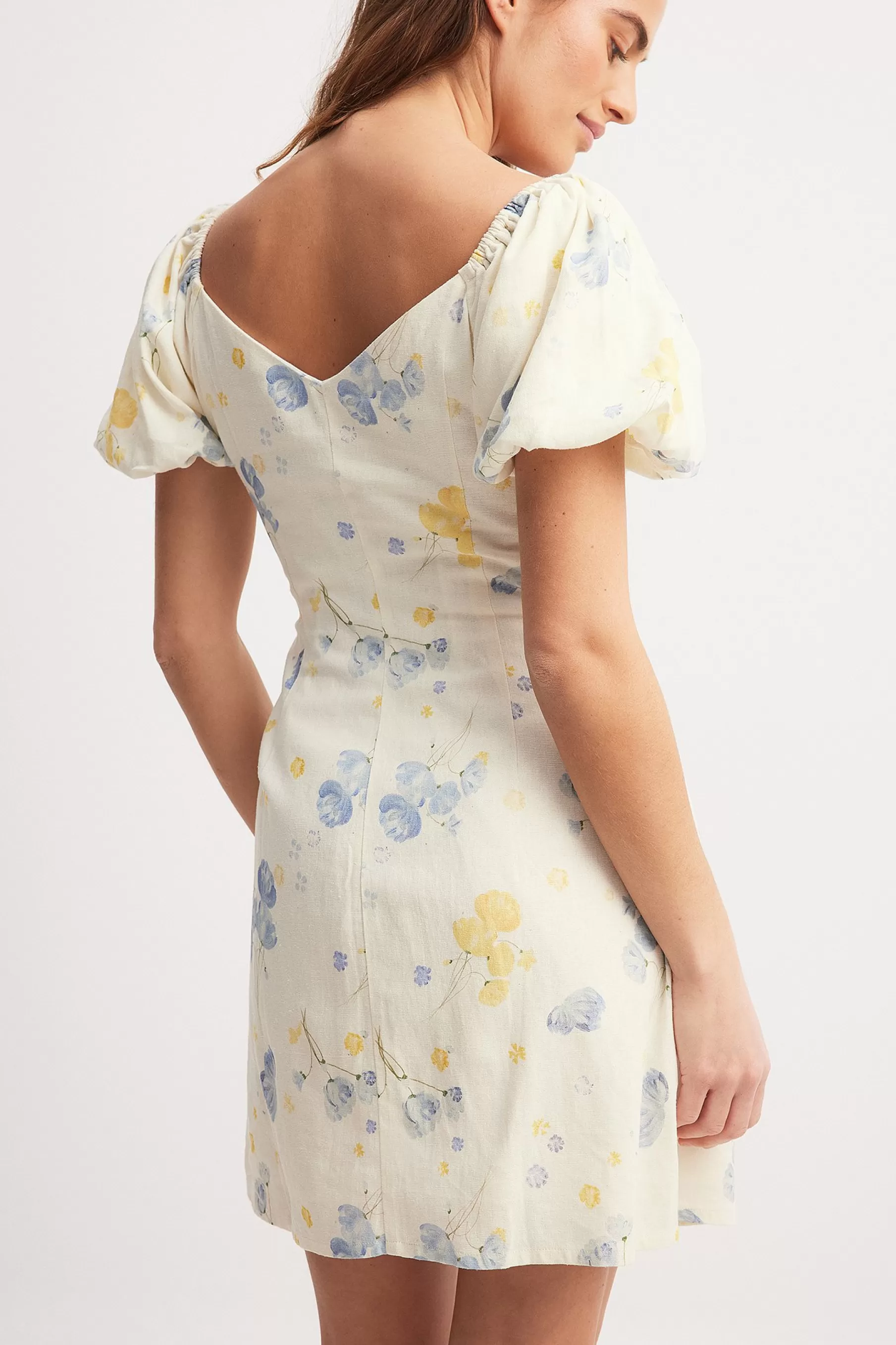 NA-KD Linen Blend Puff Shoulder Mini Dress Flower