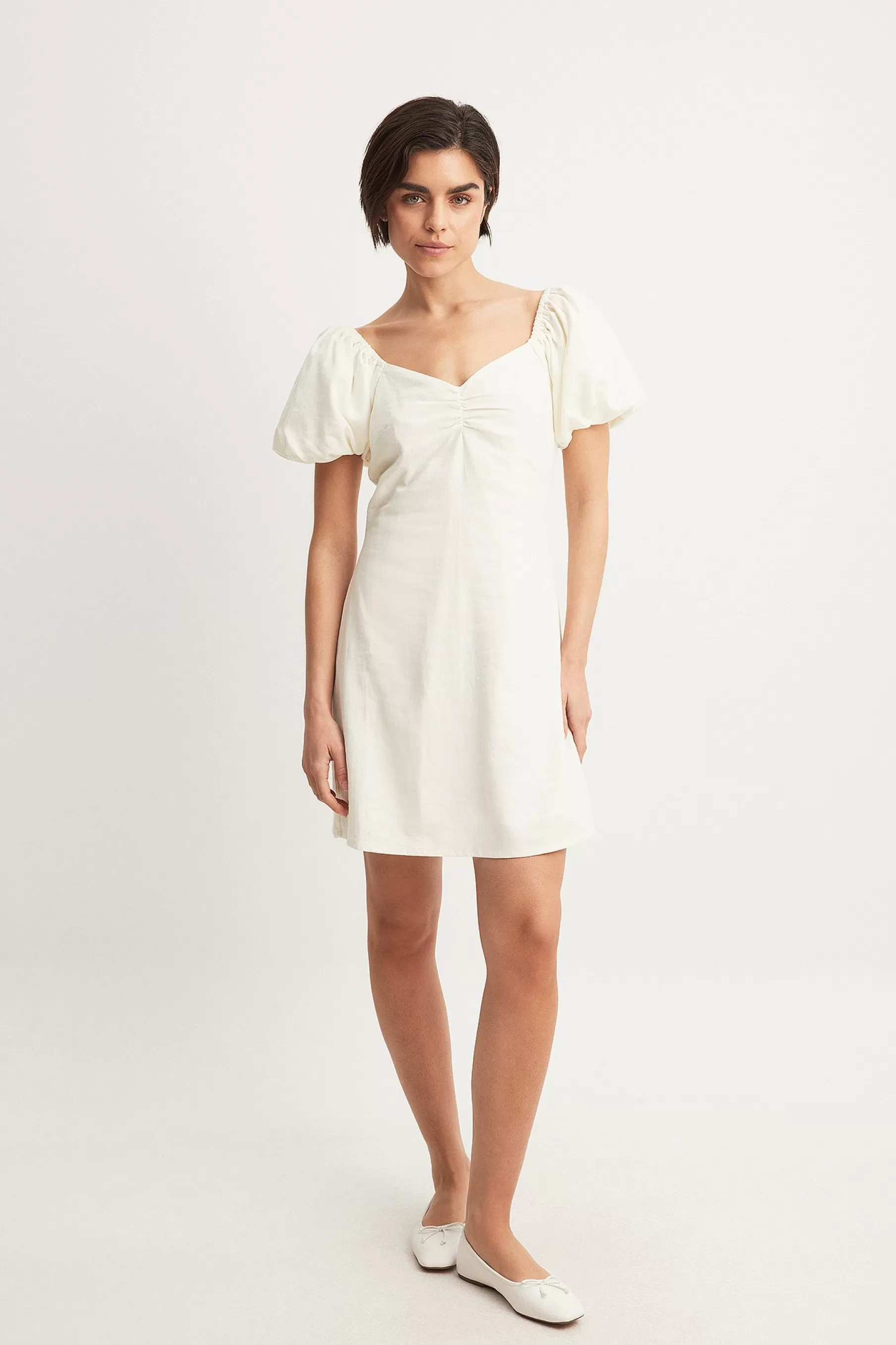 NA-KD Linen Blend Puff Shoulder Mini Dress Offwhite