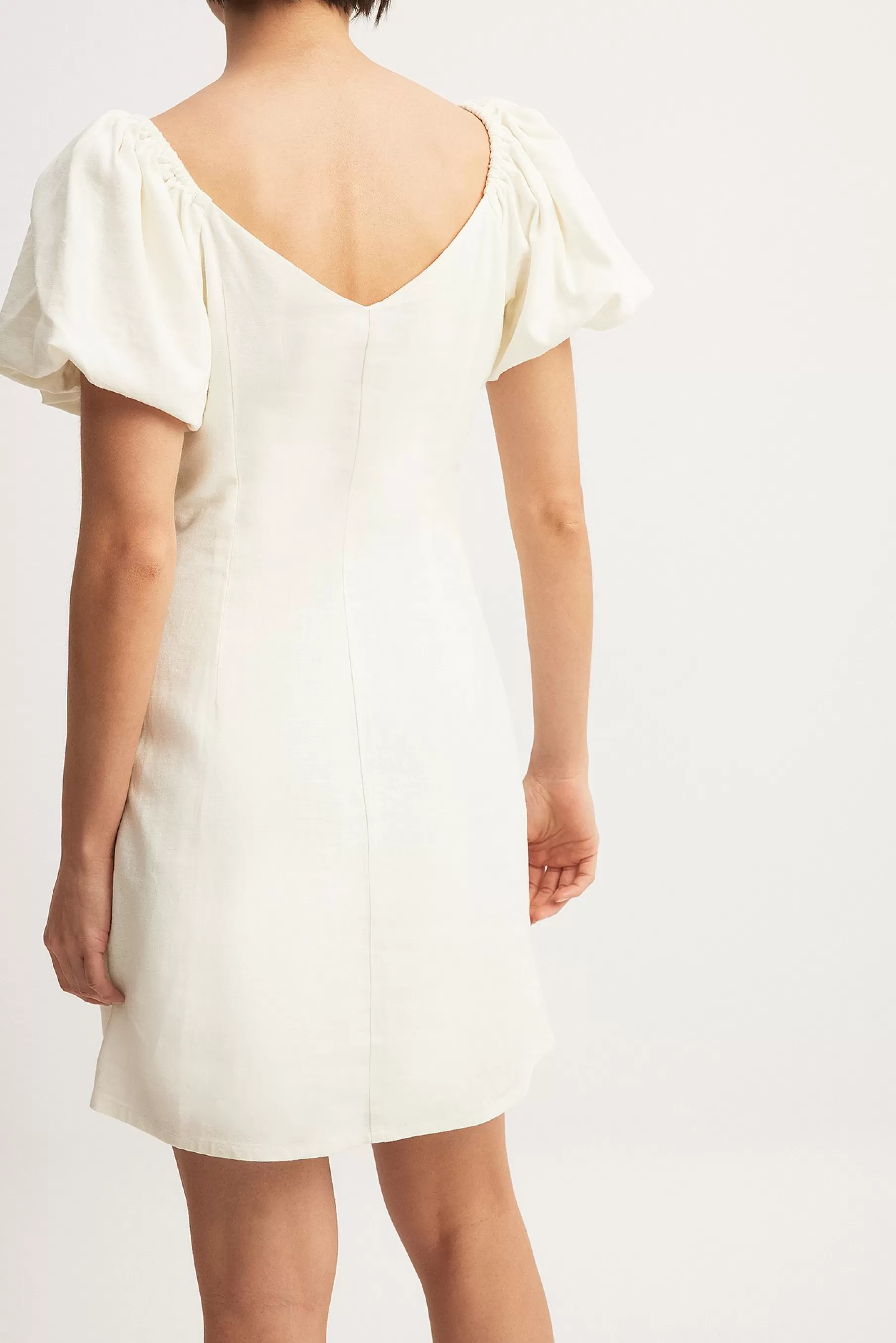 NA-KD Linen Blend Puff Shoulder Mini Dress Offwhite