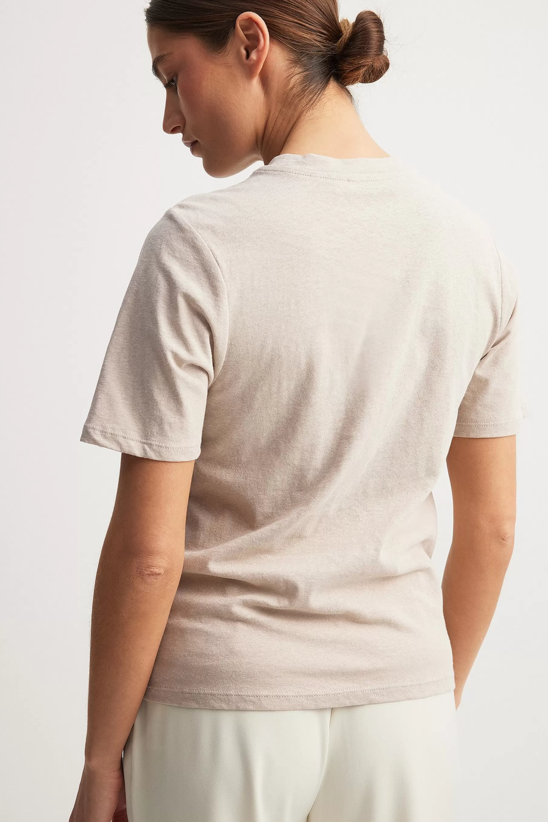 NA-KD Linen Blend Round Neck T-shirt Beige