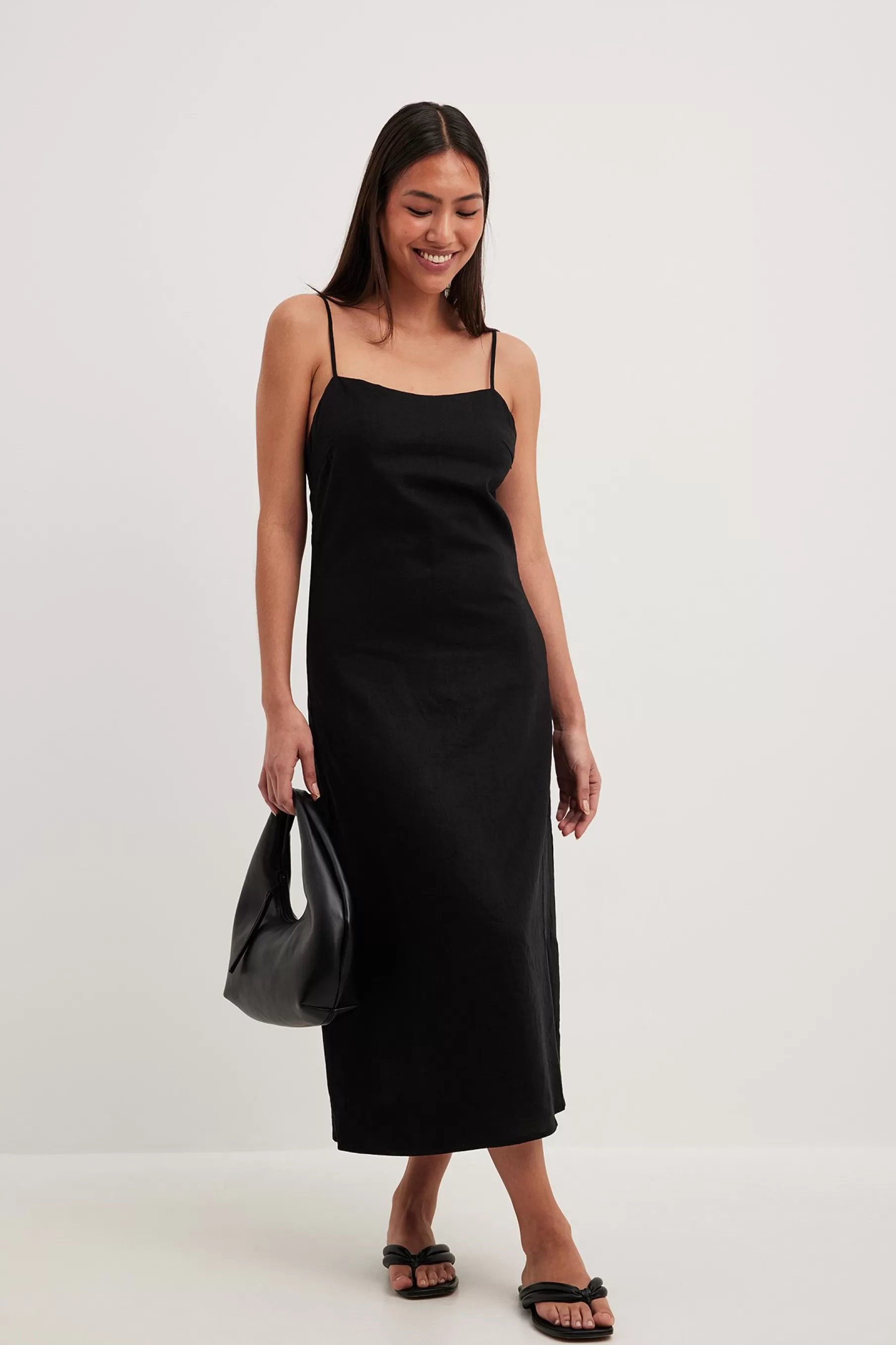 NA-KD Linen Blend Spaghetti Strap Dress Black