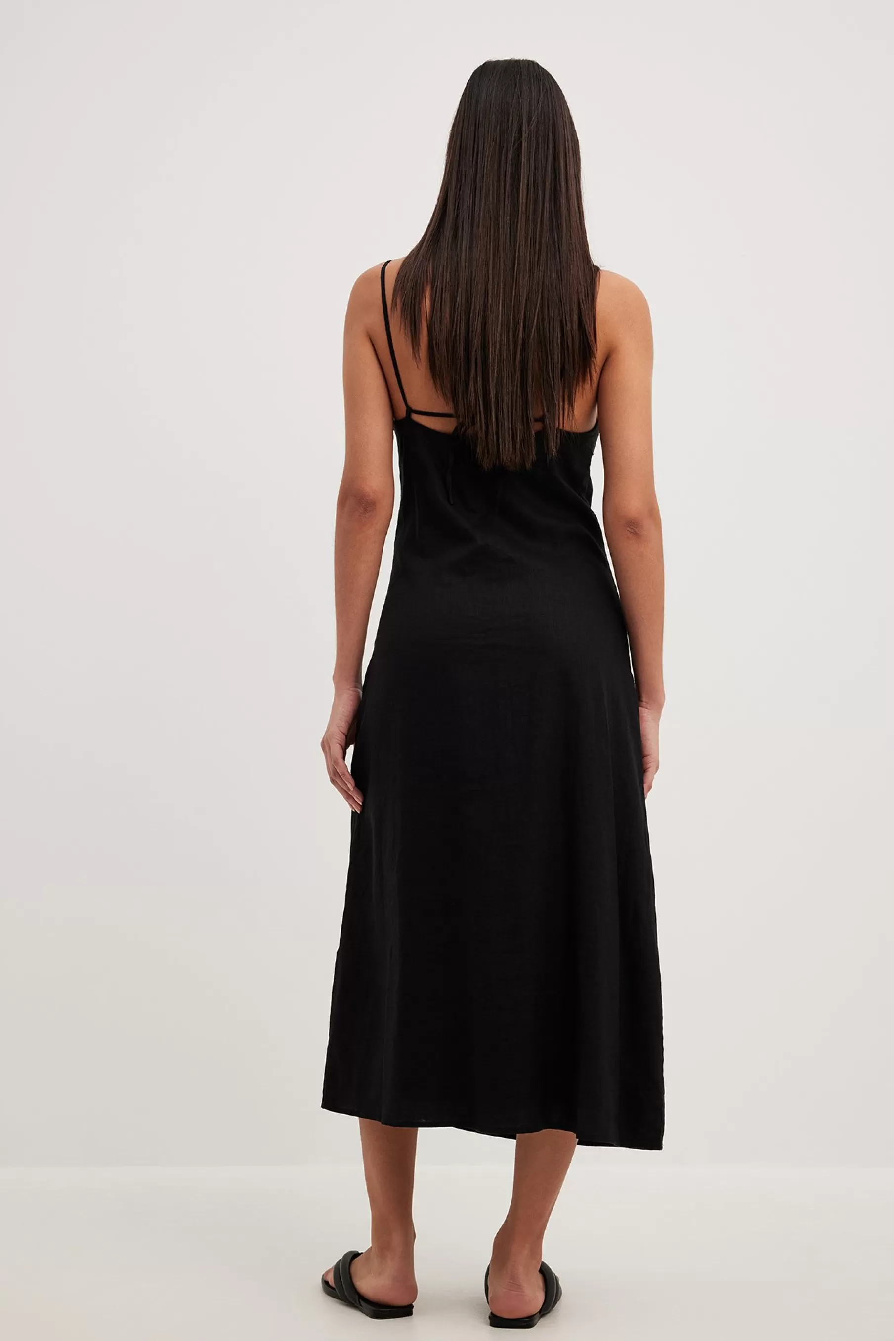 NA-KD Linen Blend Spaghetti Strap Dress Black