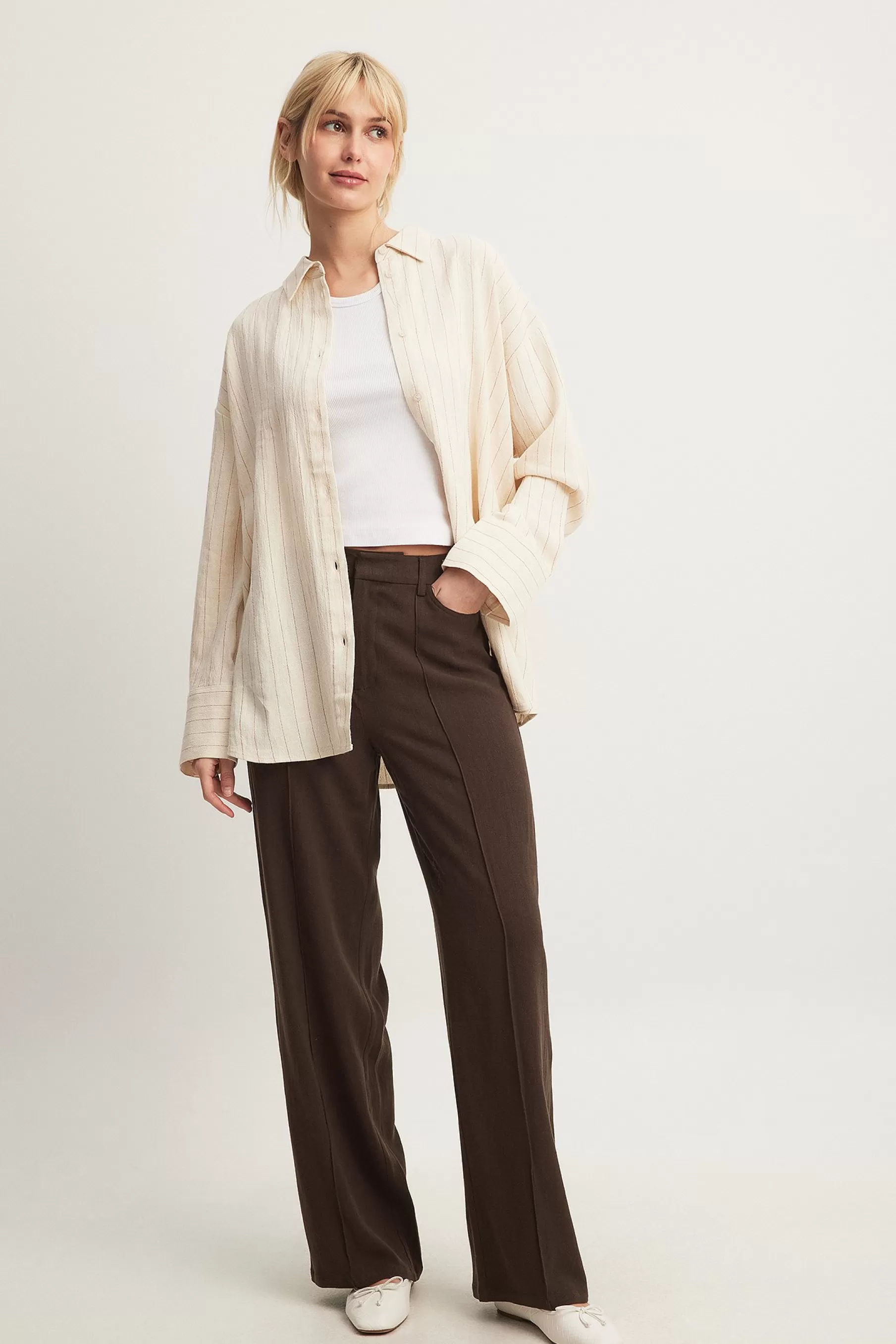 NA-KD Linen Blend Straight High Waist Pants Brown