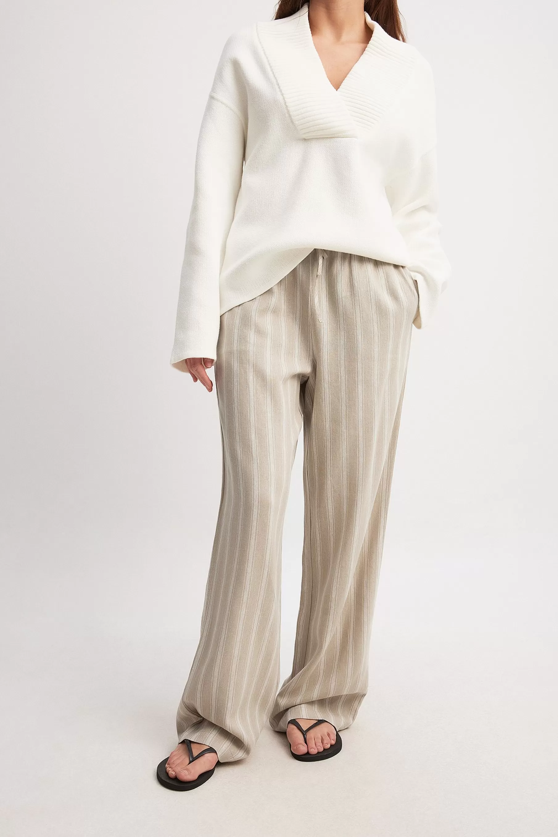 NA-KD Linen Blend Striped Pants Beige