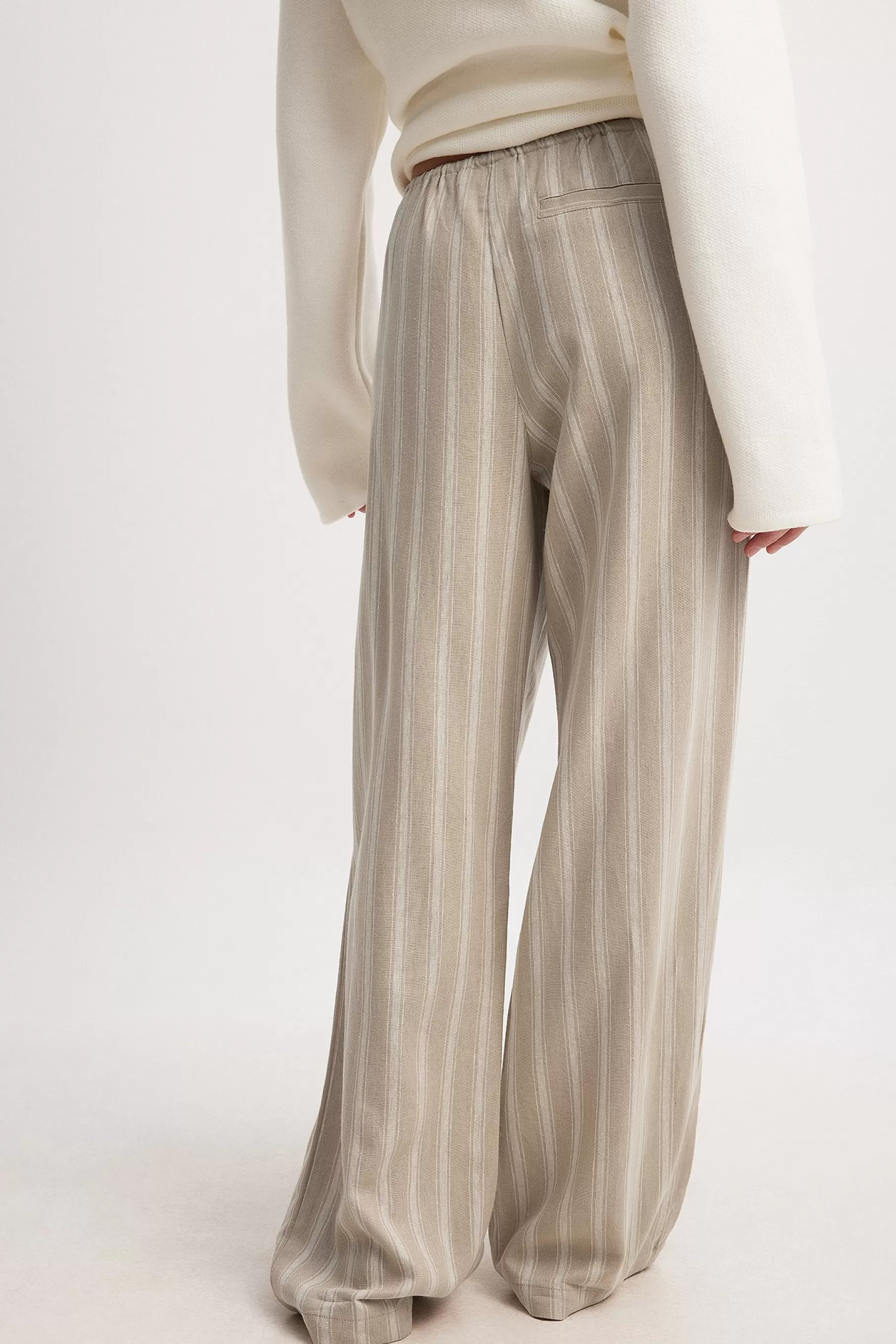 NA-KD Linen Blend Striped Pants Beige