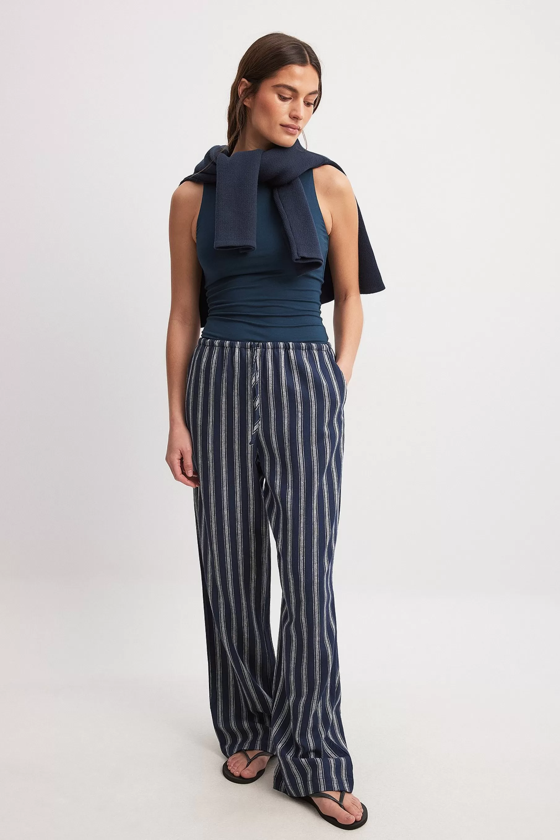 NA-KD Linen Blend Striped Pants Blue